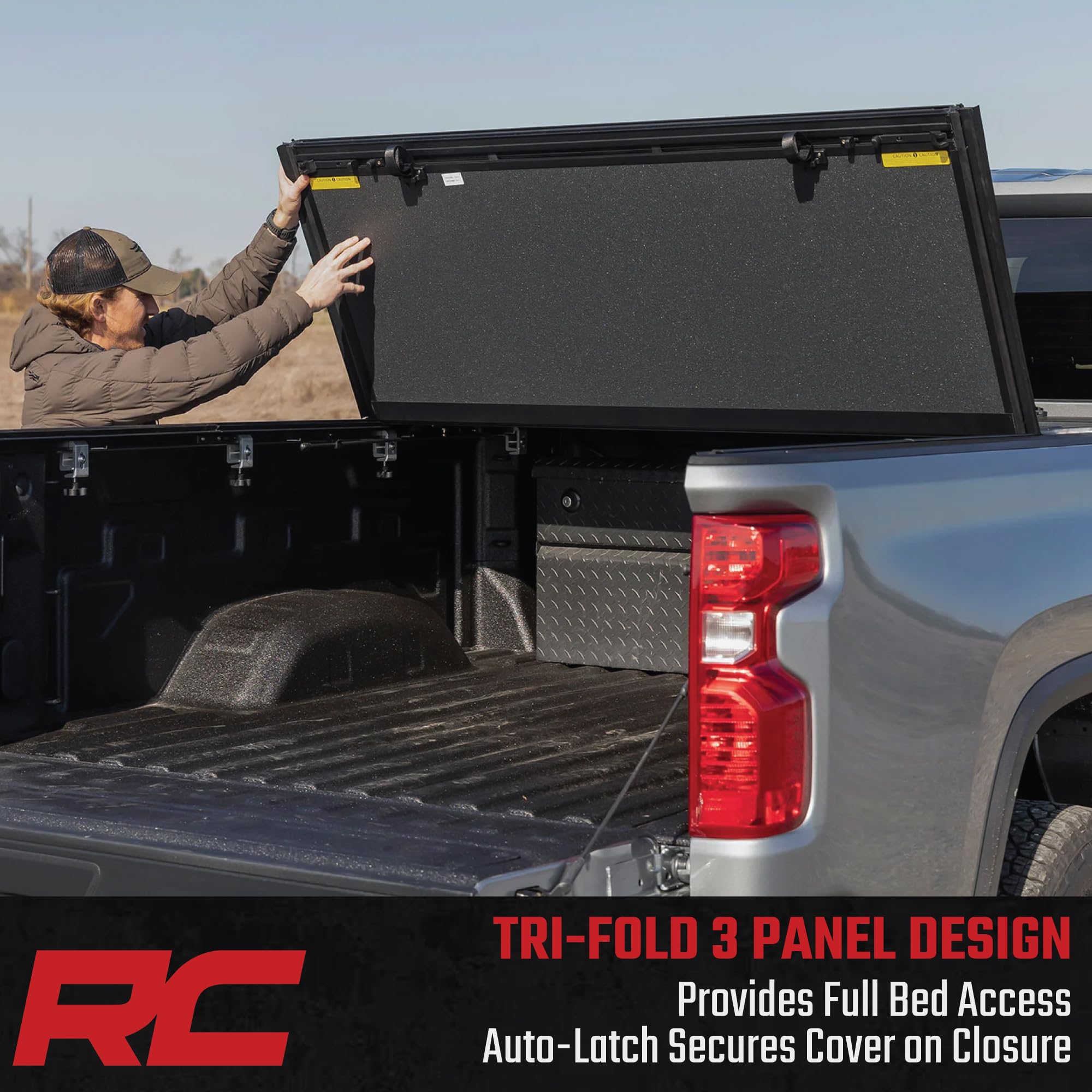Rough Country Truck Bed Hard Flip-Up Tonneau Cover for Chevy Silverado & GMC Sierra 2500HD/3500HD (2020-2025) - Aluminum Tri-Fold Bed Cover, Fits 6'9 (82.2") Bed