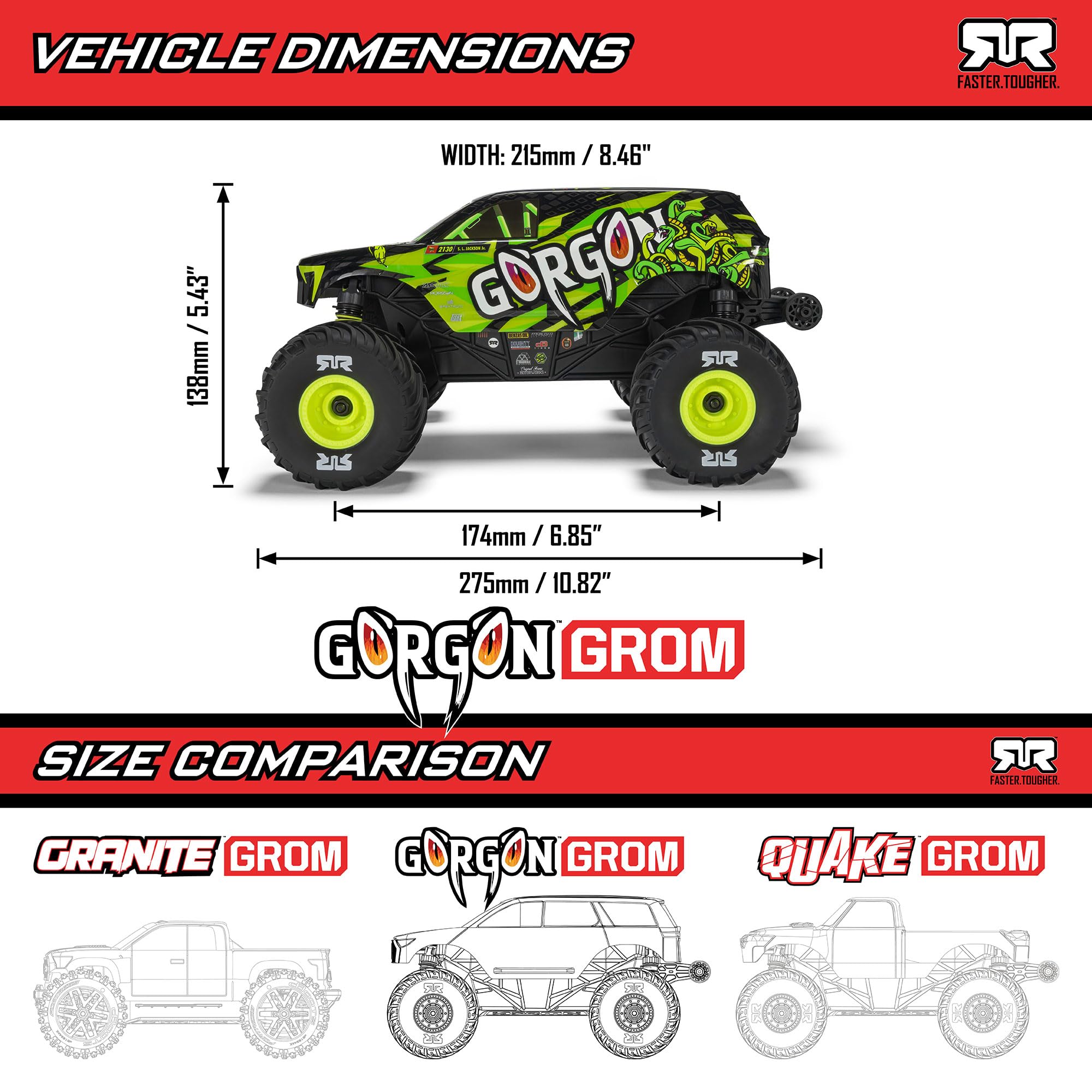 ARRMA 1/16 Gorgon GROM RC Truck 4X4 RTR Brushed Monster Truck (Battery & Charger Included), Red, ARA2130T2