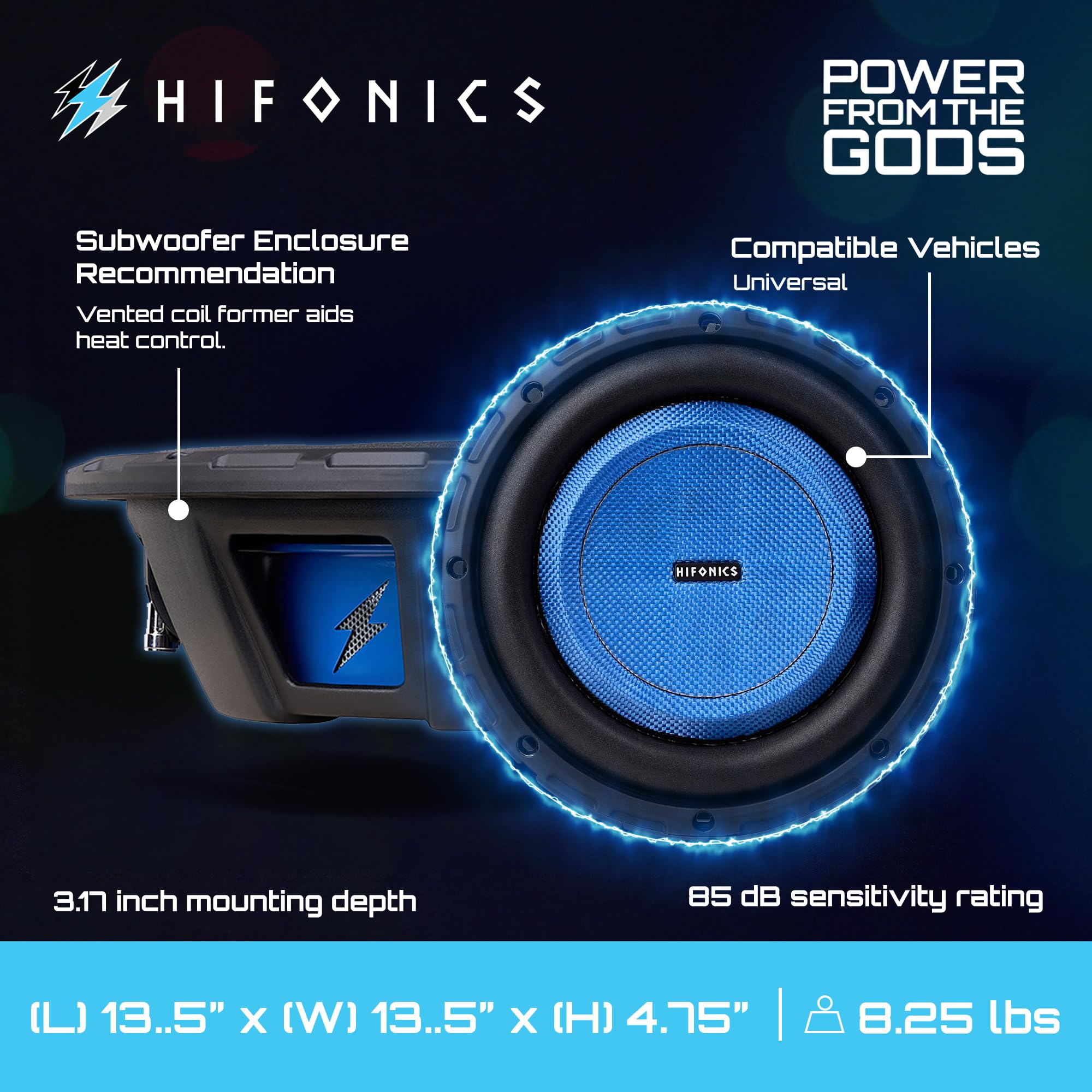 Hifonics 12 Inch Elite Shallow Mount Car Subwoofer, Dual 4 Ohm Voice Coil Speaker 600 Watt Peak Power Mobile Amplifier, Black/Blue