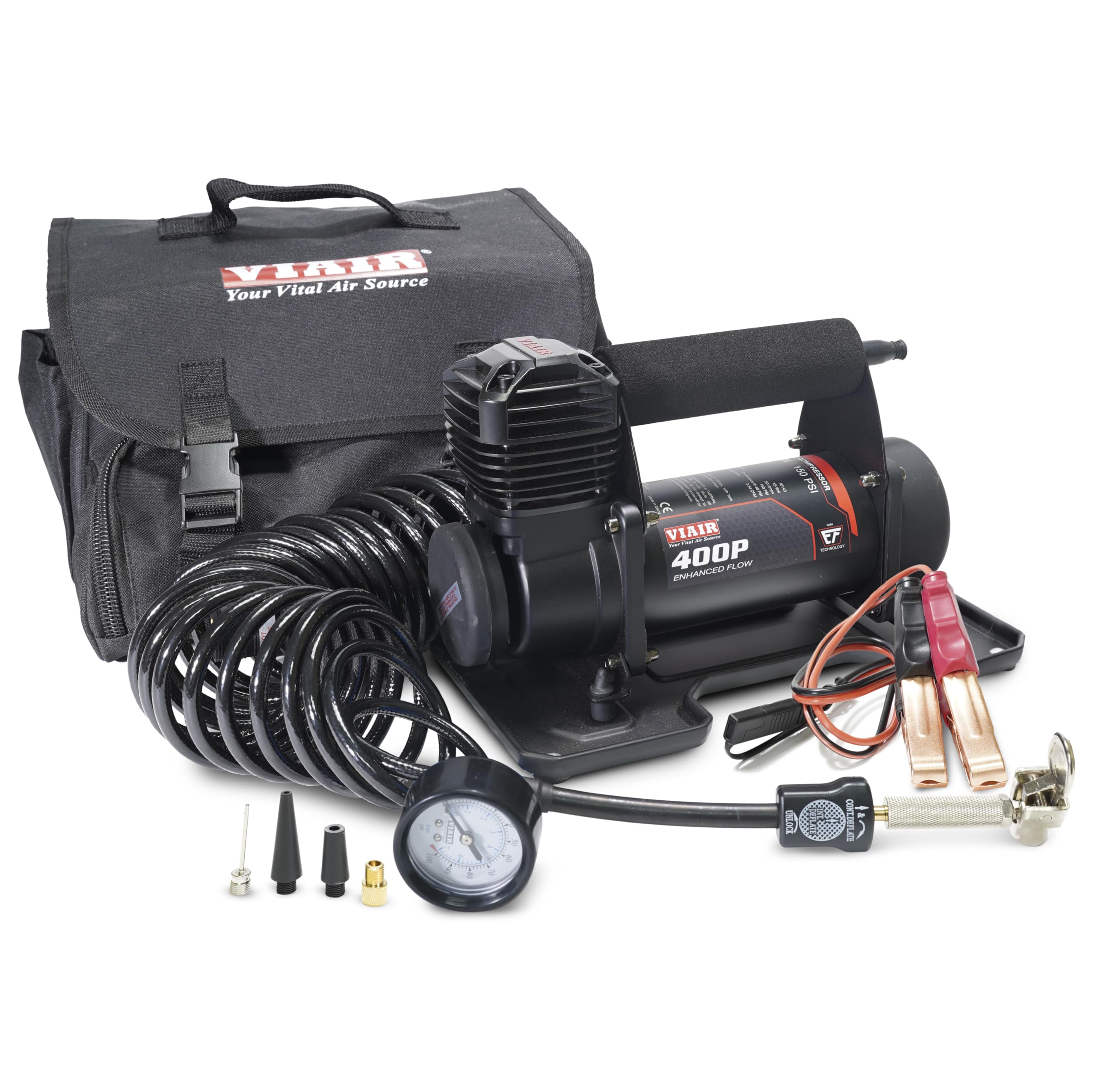 VIAIR Enhanced Flow 400P EF - 40143 Tire Inflator Portable Offroad Air Compressor for Truck & SUV | 12V On/Off Road Tire Pump Air Compressor | 150 PSI (SAE, Alligator Clips)
