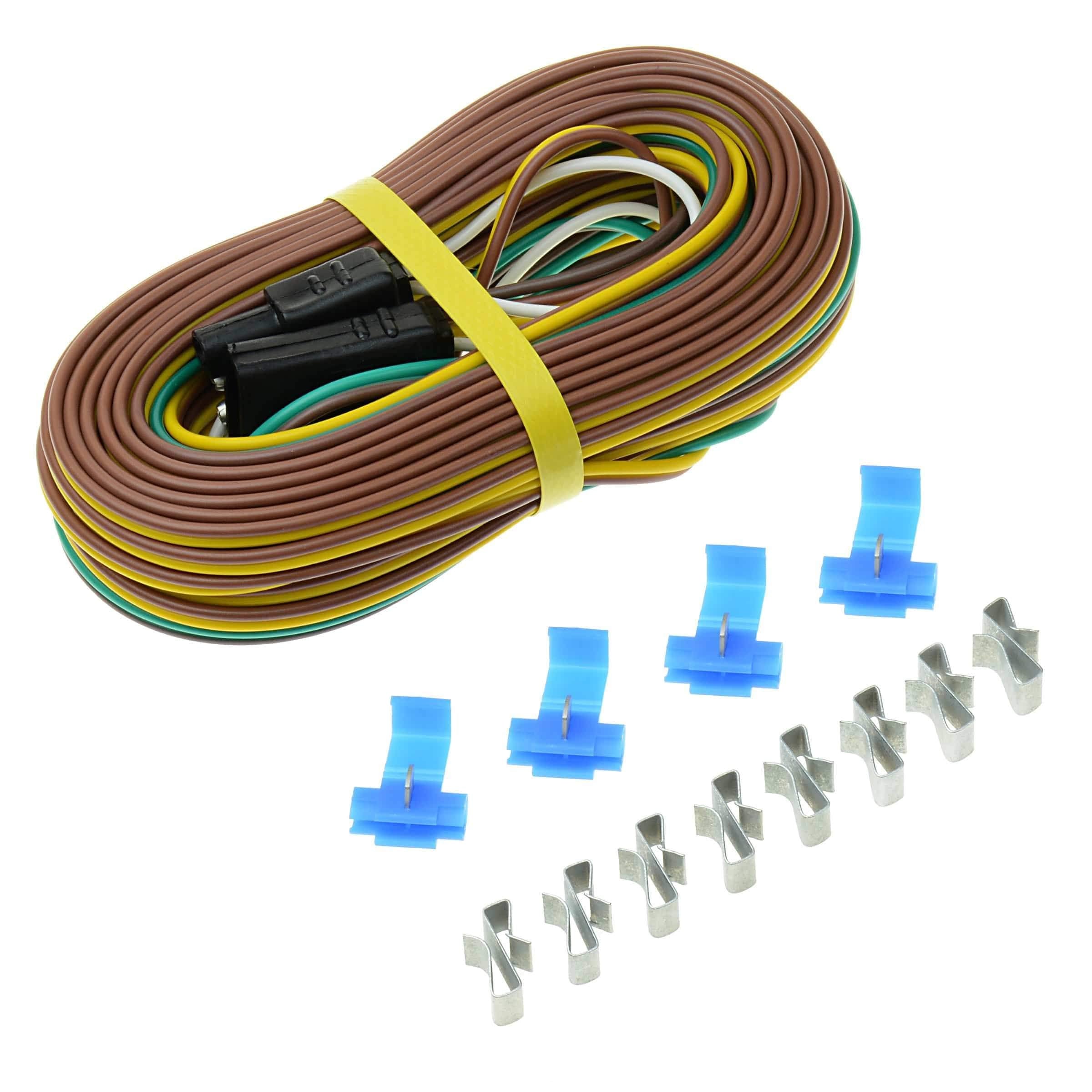 25 ft T-H Marine 4-Way Trailer Wiring Harness – 25' Wishbone Harness with Vehicle & Trailer Connectors, Color-Coded Wires & Clips for Boat Trailer Brake Turn Tail Lights