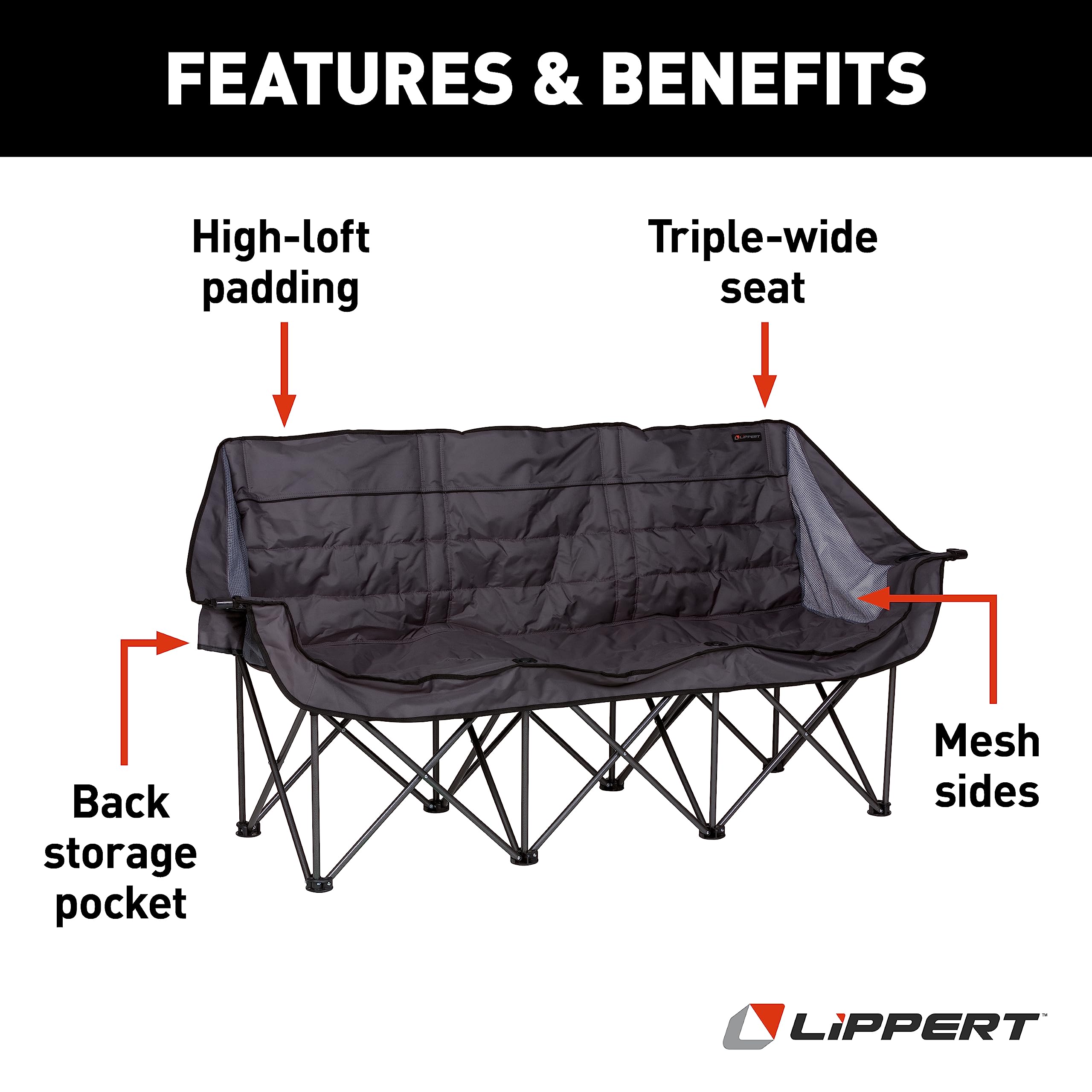 Lippert Folding Campfire Couch - Dark Grey, High-Loft, Foldable Sofa, Dual Cup Holders, Power Coated Steel Frame, Durable 600D Outdoor Polyester Fabric, 500 lb. Capacity, 2022114796