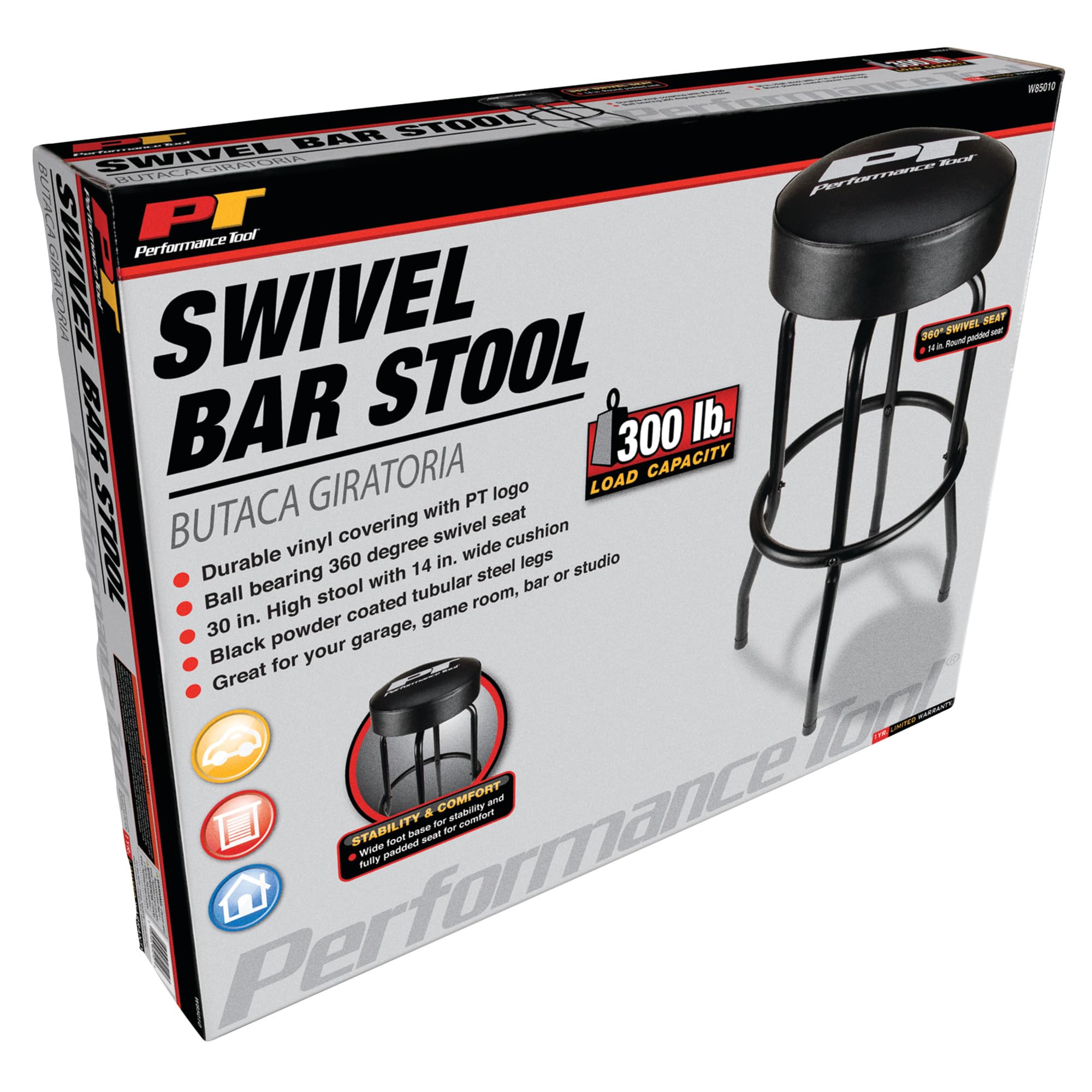 W85010 Performance Tool Swivel Seat Bar Stool for Mechanic Garages and Workshops, Black, 0.6x9.8x5.8-Inches