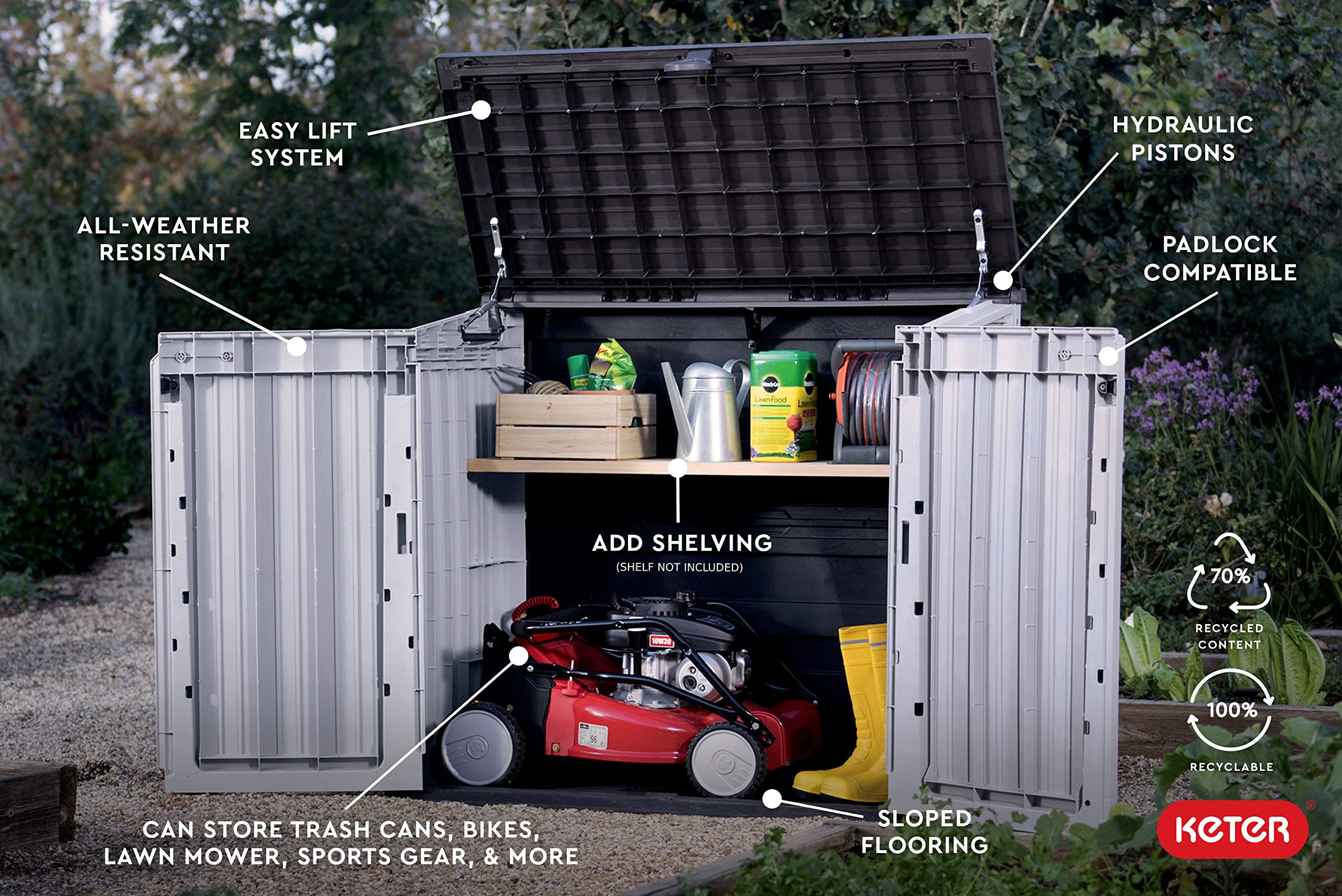 Keter 4.3 x 3.7 ft. Store-It-Out Prime Outdoor Resin Storage Shed with Easy Lift Hinges, Perfect for Yard Tools, Pool Toys and Garden Accessories, Grey