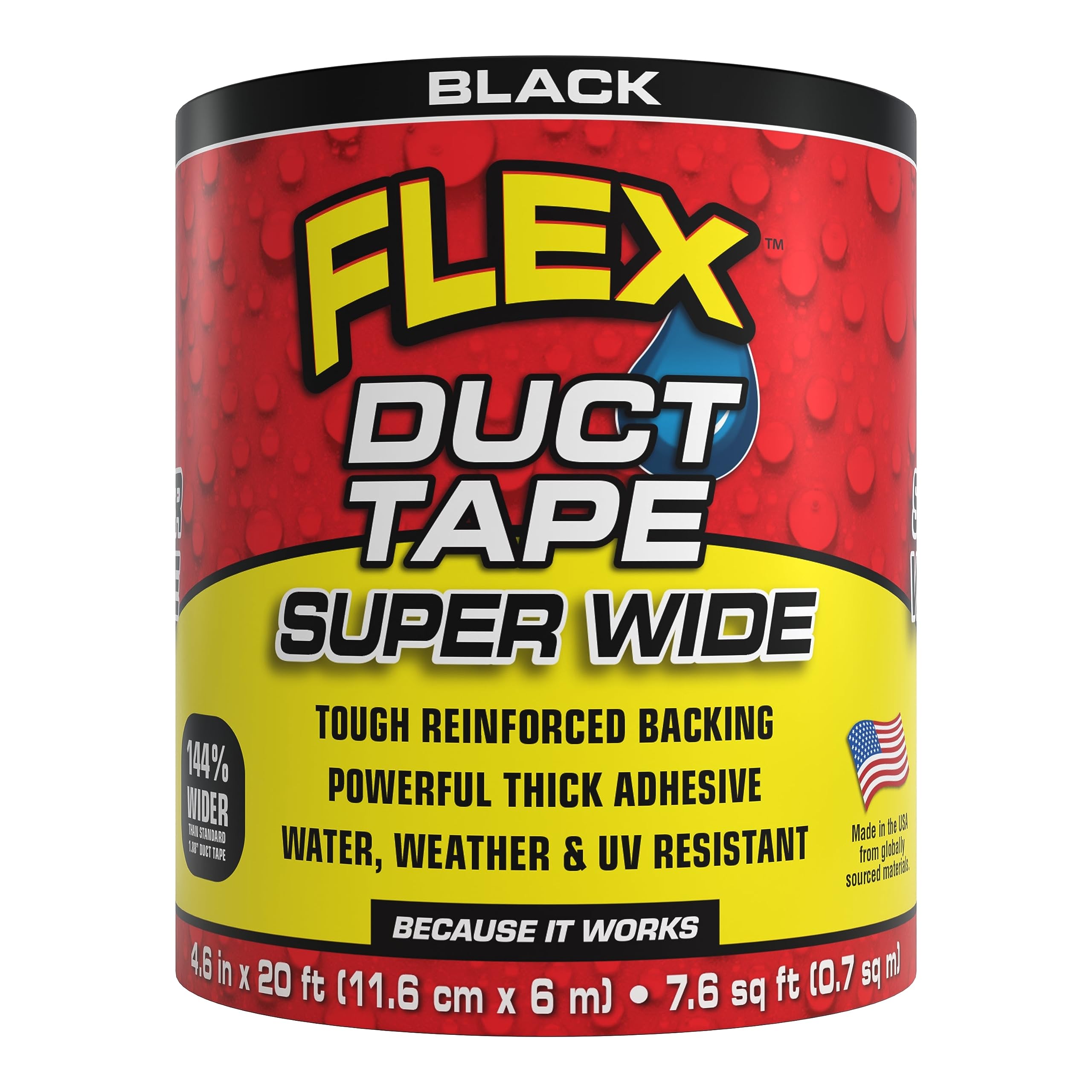 Super Wide Flex Duct Tape, 4.6 Inches x 20 Feet, Black, Heavy Duty Strong, Multi-Surface, Water, Weather and UV Resistant, Tearable, Perfect for Boxes, No Residue