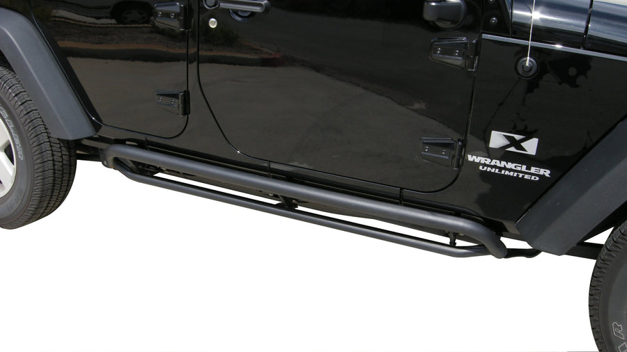 SRS Side Bar RAMPAGE PRODUCTS Retractable Rockguard Steps for Jeep Wrangler JK | Pair, Steel, Textured Black | 88732 | Fits 2007-2018 Jeep Wrangler JKU 4-Door