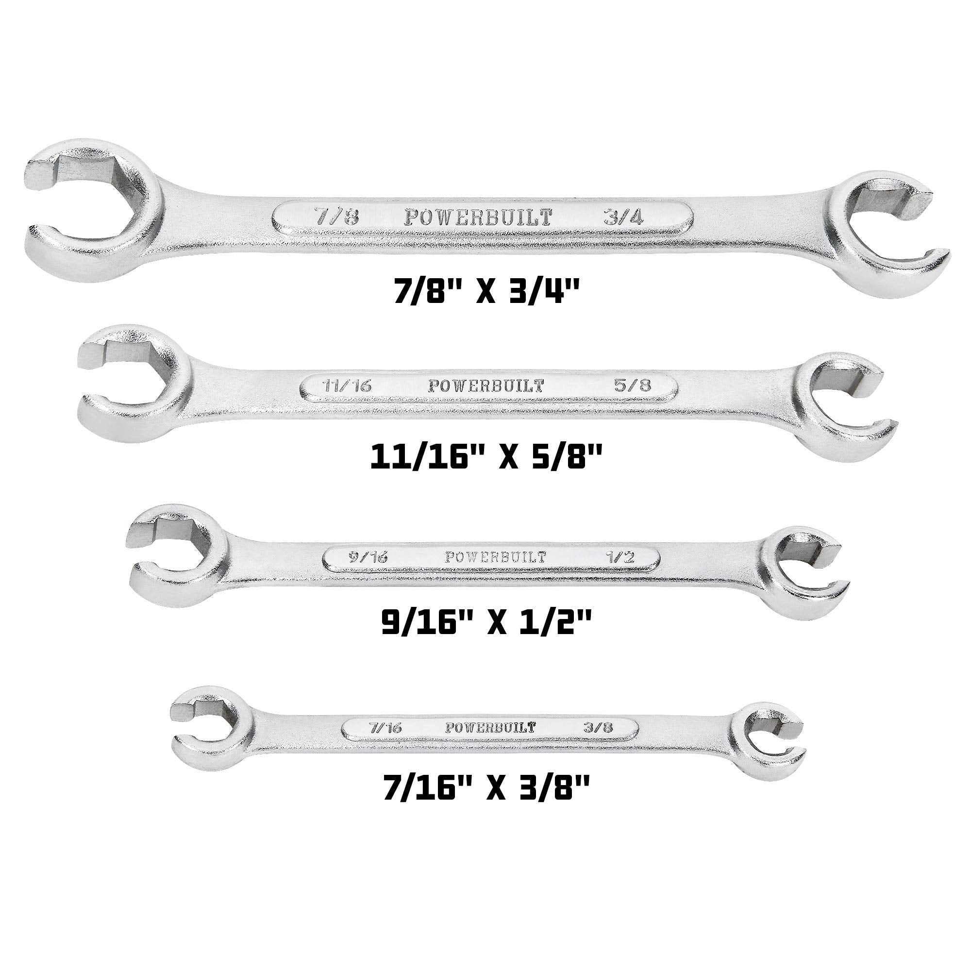 4 Piece Powerbuilt SAE Flare Nut Wrench Set, Size Includes 3/8" x 7/16", 1/2" x 9/16", 5/8" x 11/16", 3/4" x 7/8" Flare Nut Wrench, Chrome-Vanadium made - 640185