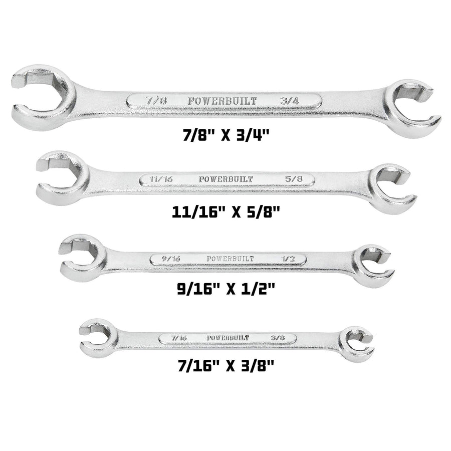 4 Piece Powerbuilt SAE Flare Nut Wrench Set, Size Includes 3/8" x 7/16", 1/2" x 9/16", 5/8" x 11/16", 3/4" x 7/8" Flare Nut Wrench, Chrome-Vanadium made - 640185