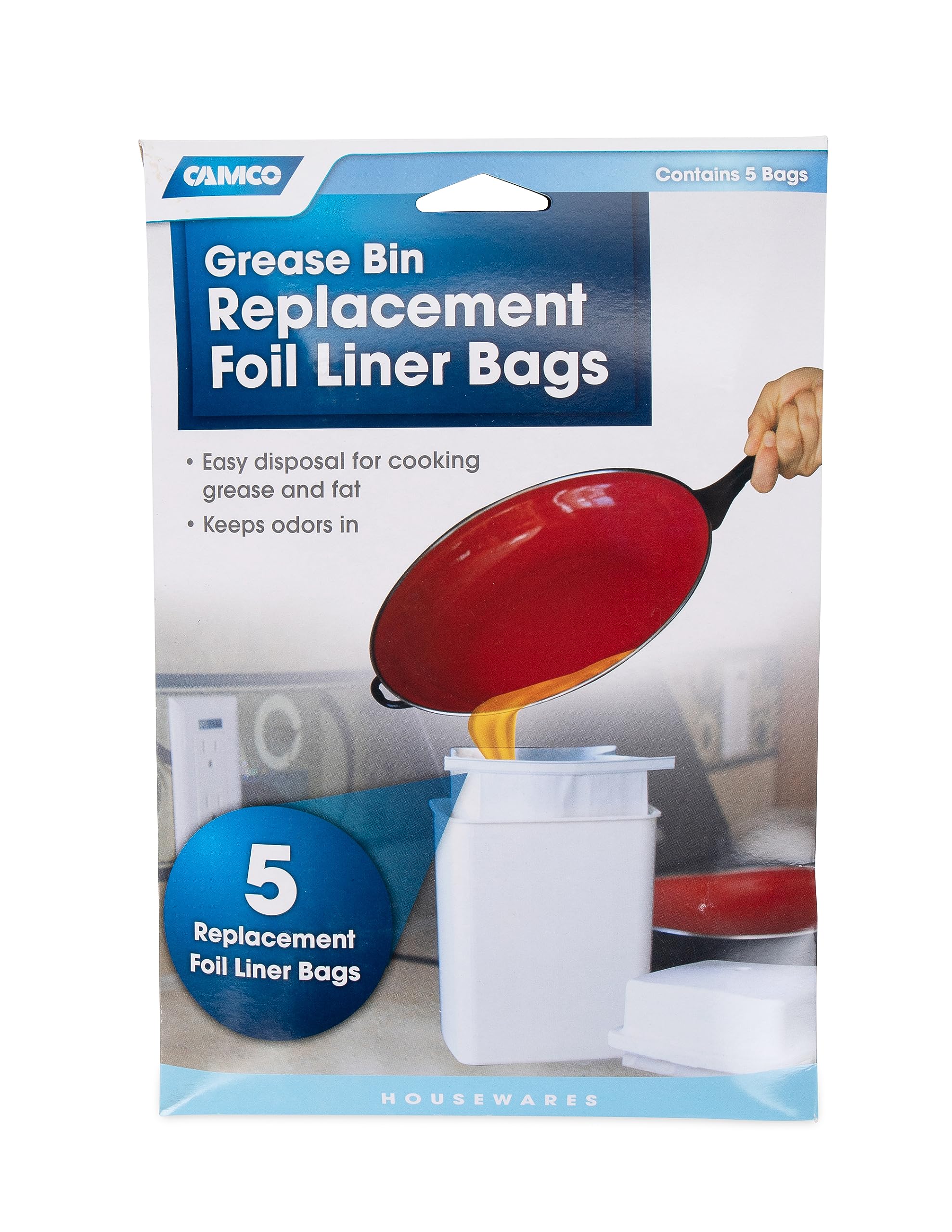 Camco Grease Replacement Storage Bags - Easily Contain and Dispose Used Cooking Grease, Foil Lined Bags Seal in Odor, Prevent Drain Clogs - 5 Pack (42285), White