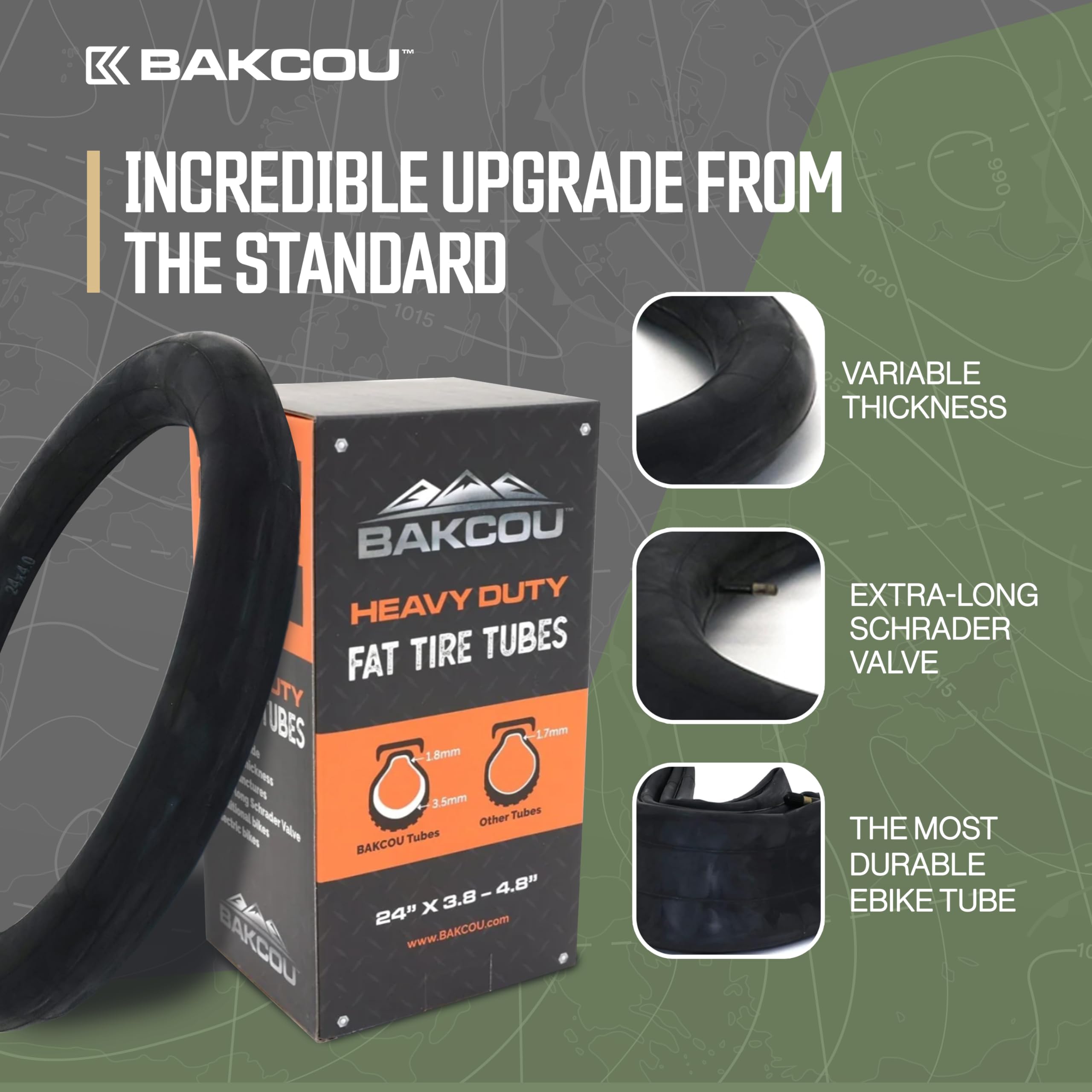 24x4 Bakcou Heavy-Duty Fat Tire Tube - Military-Grade Butyl Rubber, Schrader Valve, 3.5mm Thickness - Compatible with Electric & Mountain Bikes
