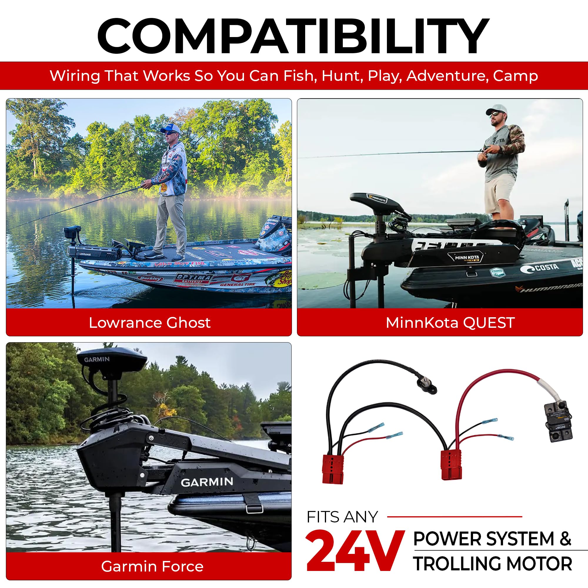 24V Trolling Motor Connection Kit Connect-Ease RCE24VPRO with Onboard Charging | 6-Gauge Wire | Fits Any 24 Volt Trolling Motors Including MinnKota QUEST, Garmin Force, Lowrance Ghost | Made in USA
