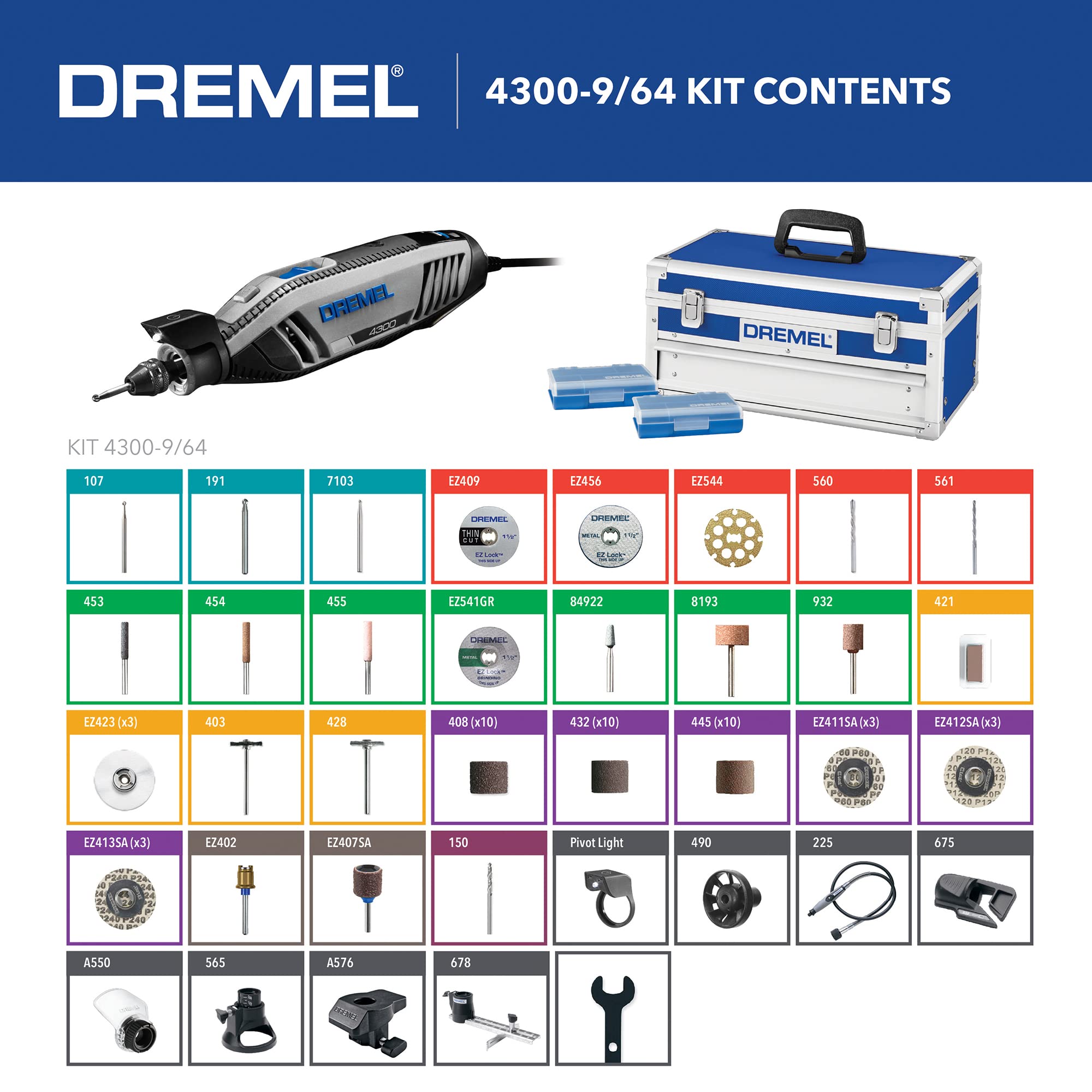 Dremel Rotary Tool Kit 4300-9/64 with Flex Shaft - 9 Attachments & 64 Accessories - Ideal for Engraving, Etching, Sanding, and Polishing
