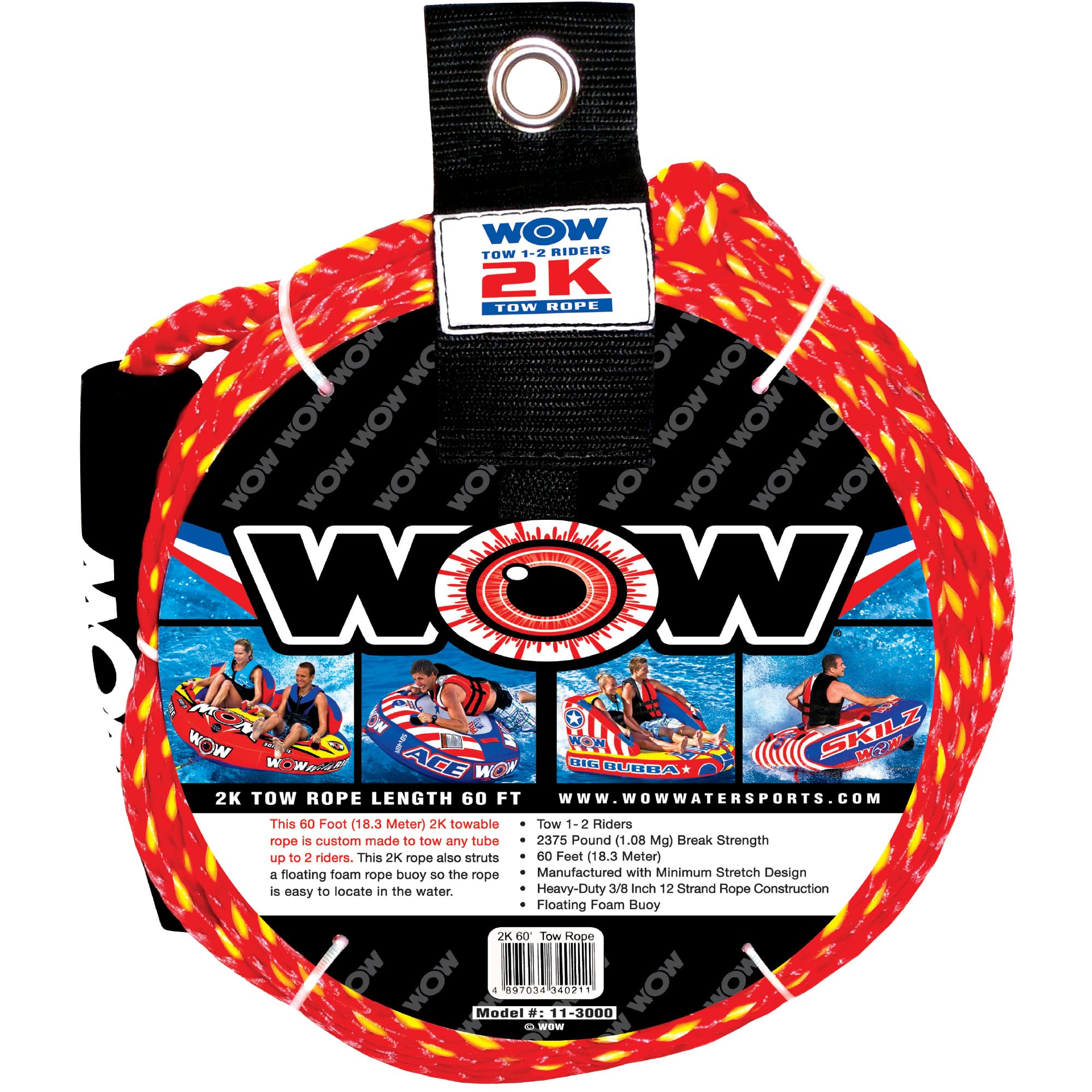 WOW Sports 2k World of Watersports 60 ft. Tow Rope with Floating Foam Buoy 1 or 2 Person Tow Rope for Boating, 11-3000, Red