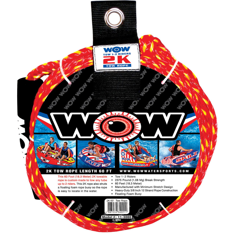 WOW Sports 2k World of Watersports 60 ft. Tow Rope with Floating Foam Buoy 1 or 2 Person Tow Rope for Boating, 11-3000, Red