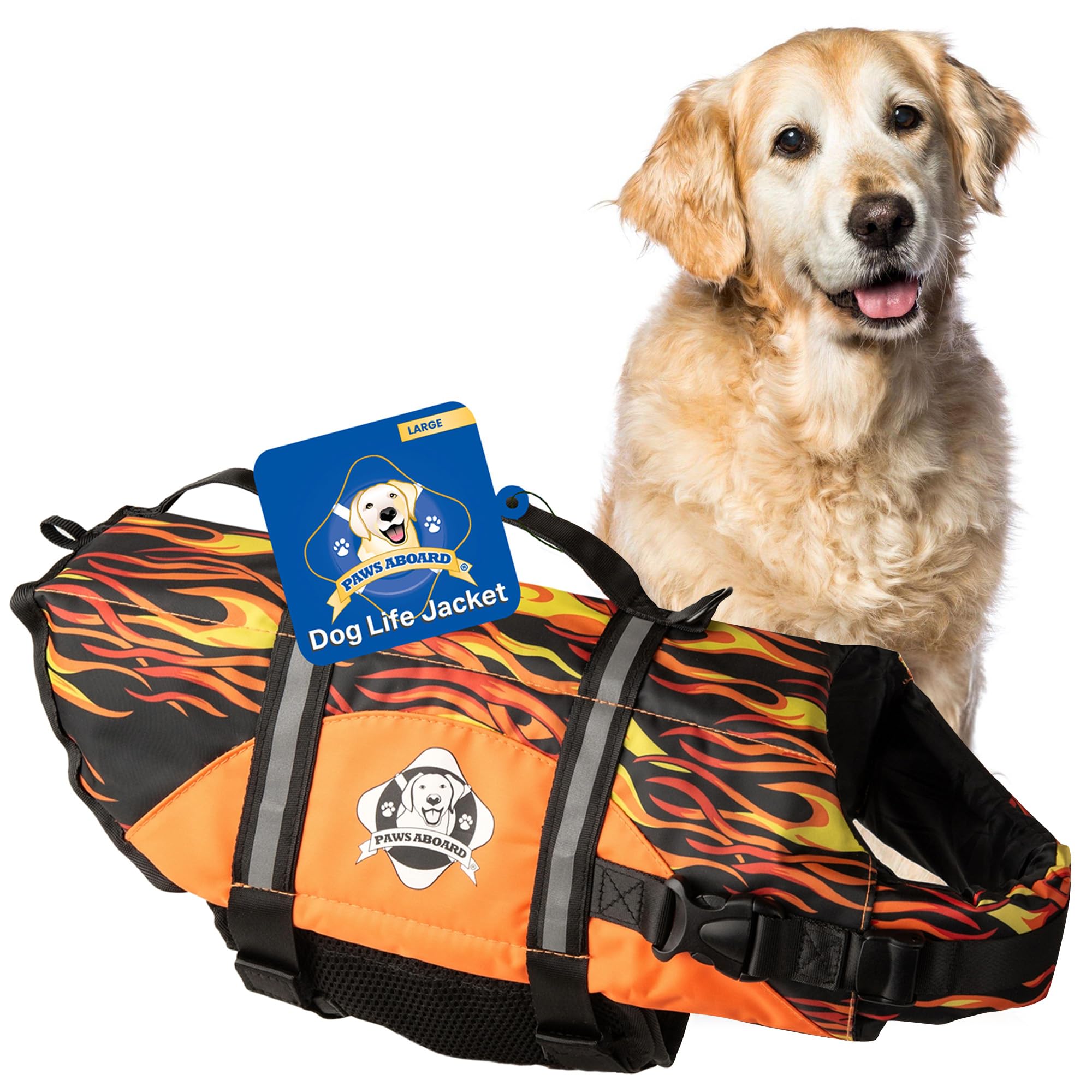 Dog Life Jacket Paws Aboard - Swimming Vest for Dogs, Adjustable, Reflective, Comfortable, Multiple Colors, Patterns, XX-Small to Extra Large Dog Swim Vest with Handle (Racing Flames, Large)
