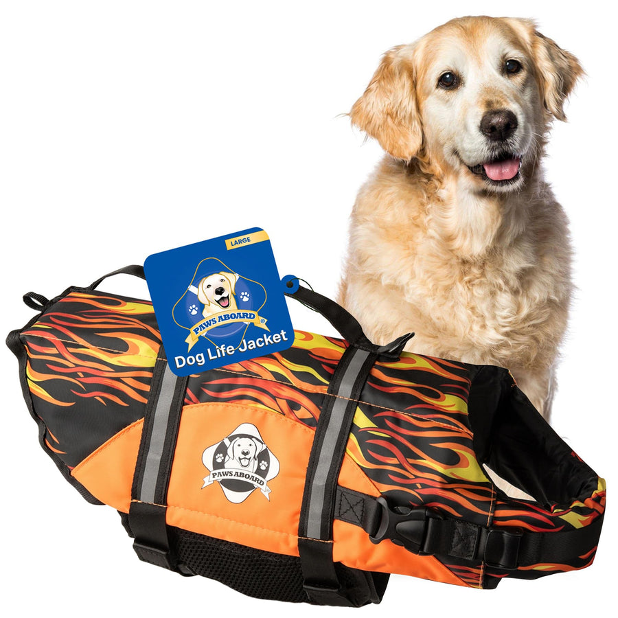 Dog Life Jacket Paws Aboard - Swimming Vest for Dogs, Adjustable, Reflective, Comfortable, Multiple Colors, Patterns, XX-Small to Extra Large Dog Swim Vest with Handle (Racing Flames, Large)