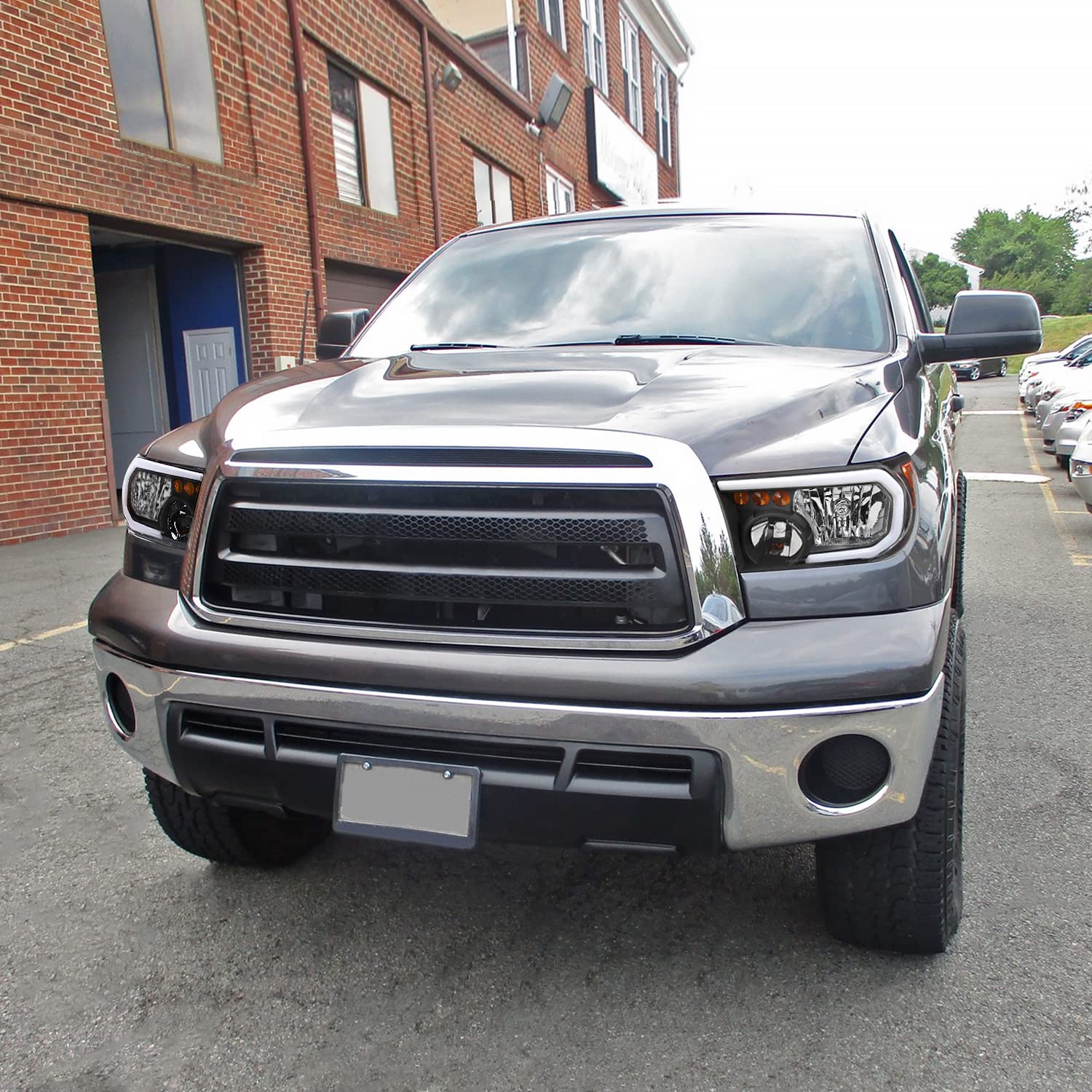 Black Headlights w/LED Tube SPEC-D TUNING Compatible with 2007-2013 Toyota Tundra, Left + Right Pair Headlamp Assembly
