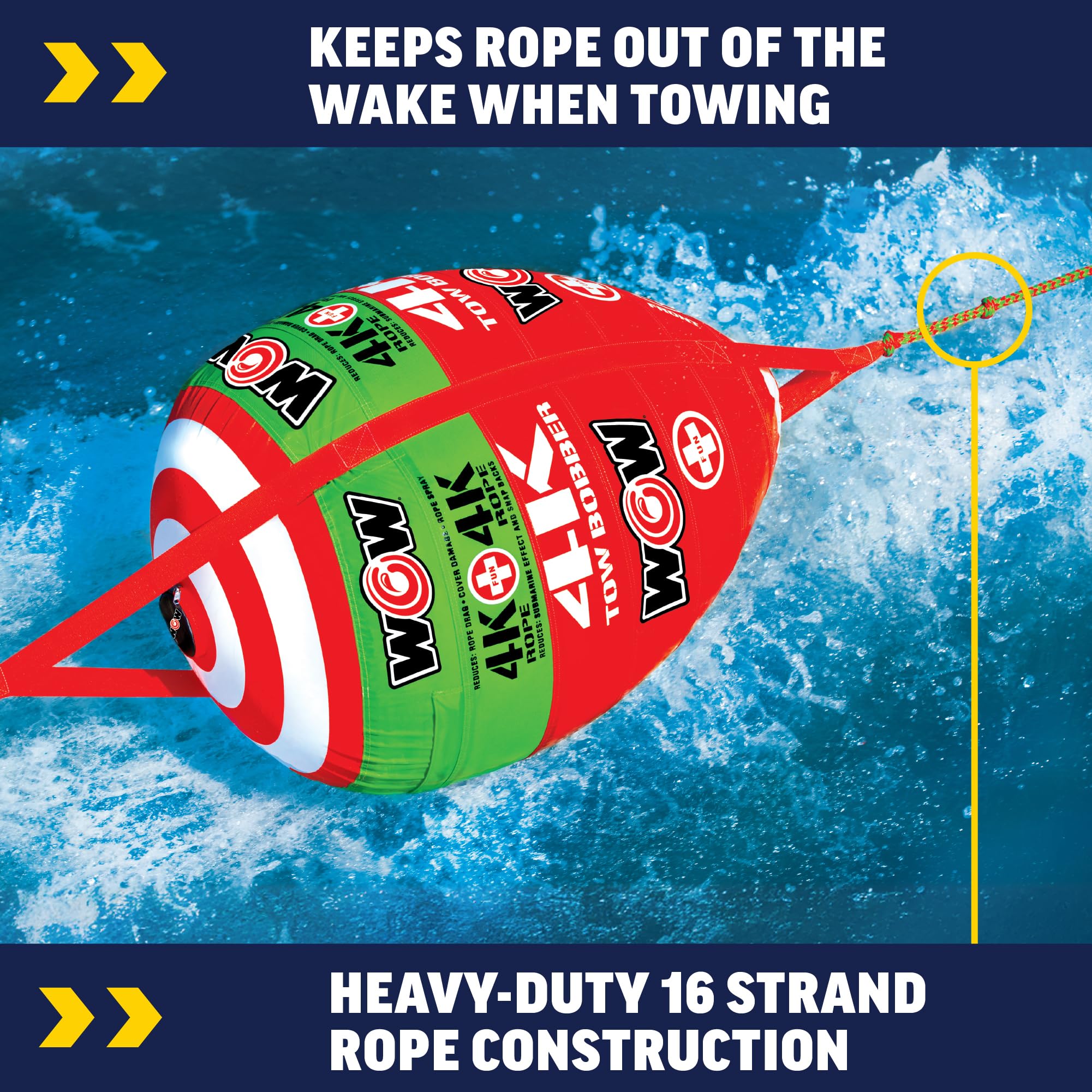 4K Towable Boating Rope W/ Bobber - WOW Sports - Perfect For Deck Tubes & Wakeboarding - Works For Kids & Adults