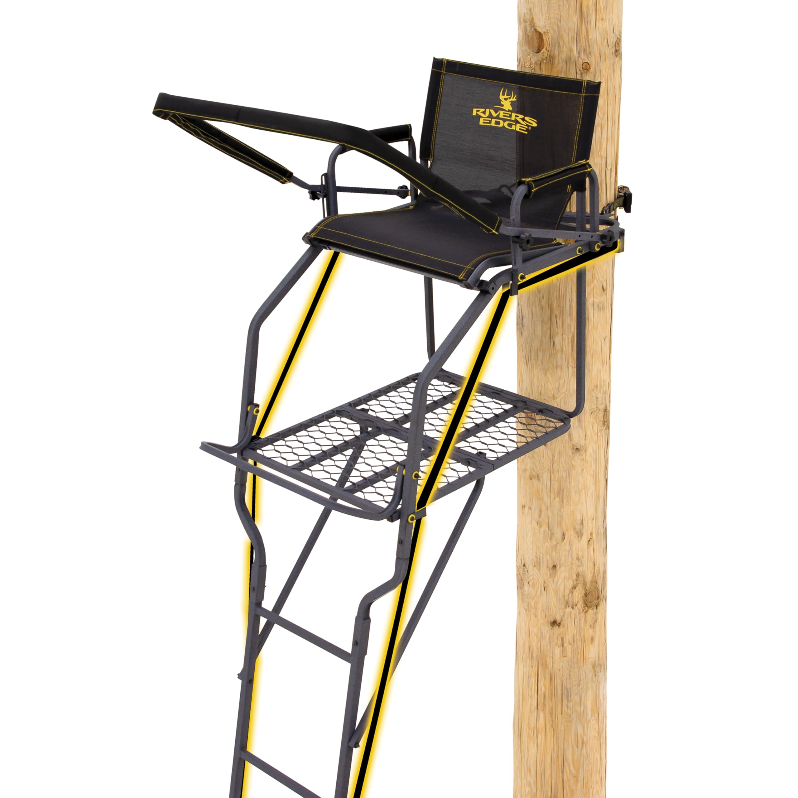 Jumbo Jack™ LS 1-Man Ladder Stand, Rivers Edge® 19’ Height, Lockdown™ Strapping System, Wide Flip-Up TearTuff™ Mesh Seat, Jumbo Platform, Flip-Out Footrest, 2-Way Adjustable Shooting Rail, RE676