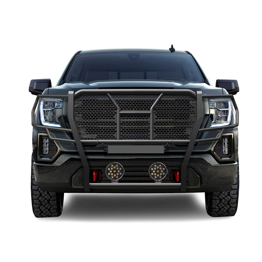 Heavy Duty Black Horse Rugged Grille Brush Bumper Guard Modular Black Come with Pair of 7.0" Dia.LED Lights with Black Trim Rings Compatible with 2019-2021 GMC Sierra 1500-RU-GMSI19-B-PLB