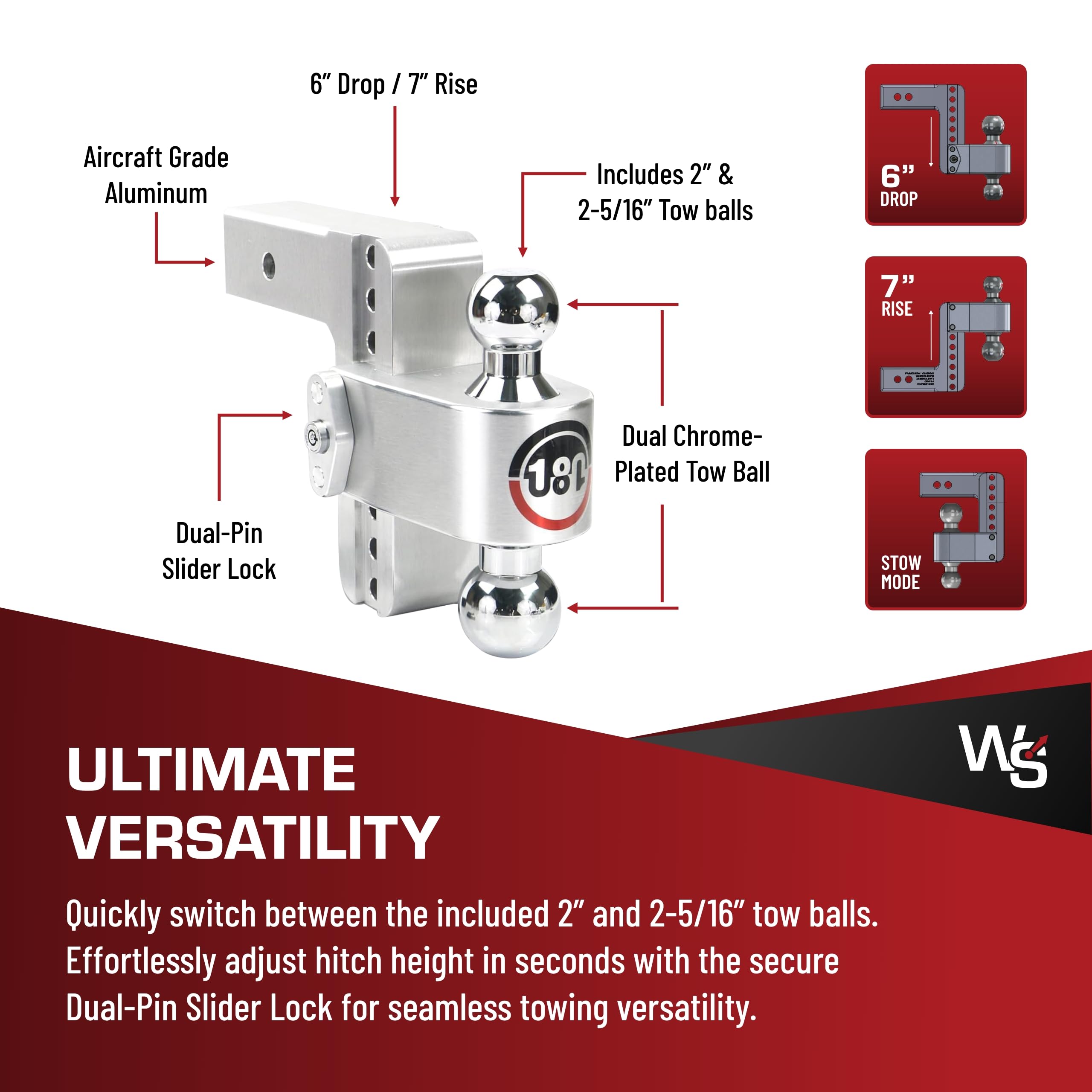 Weigh Safe Adjustable Hitch Trailer Ball Mount, 6" Adjustable Drop Hitch for 2.5" Receiver w/ 2 pc Keyed Alike Lock Set, Heavy Duty Aluminum Trailer Tow Hitch w/ Chrome Plated Tow Balls, 18,500 GTW