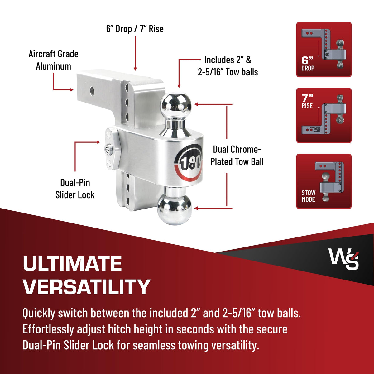 Weigh Safe Adjustable Hitch Trailer Ball Mount, 6" Adjustable Drop Hitch for 2.5" Receiver w/ 2 pc Keyed Alike Lock Set, Heavy Duty Aluminum Trailer Tow Hitch w/ Chrome Plated Tow Balls, 18,500 GTW