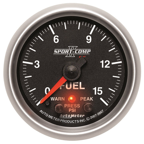 Auto Meter Sport-Comp II 2-1/16" 0-15 PSI Full Sweep Electric Fuel Pressure Peak and Warn Gauge with Electronic Control
