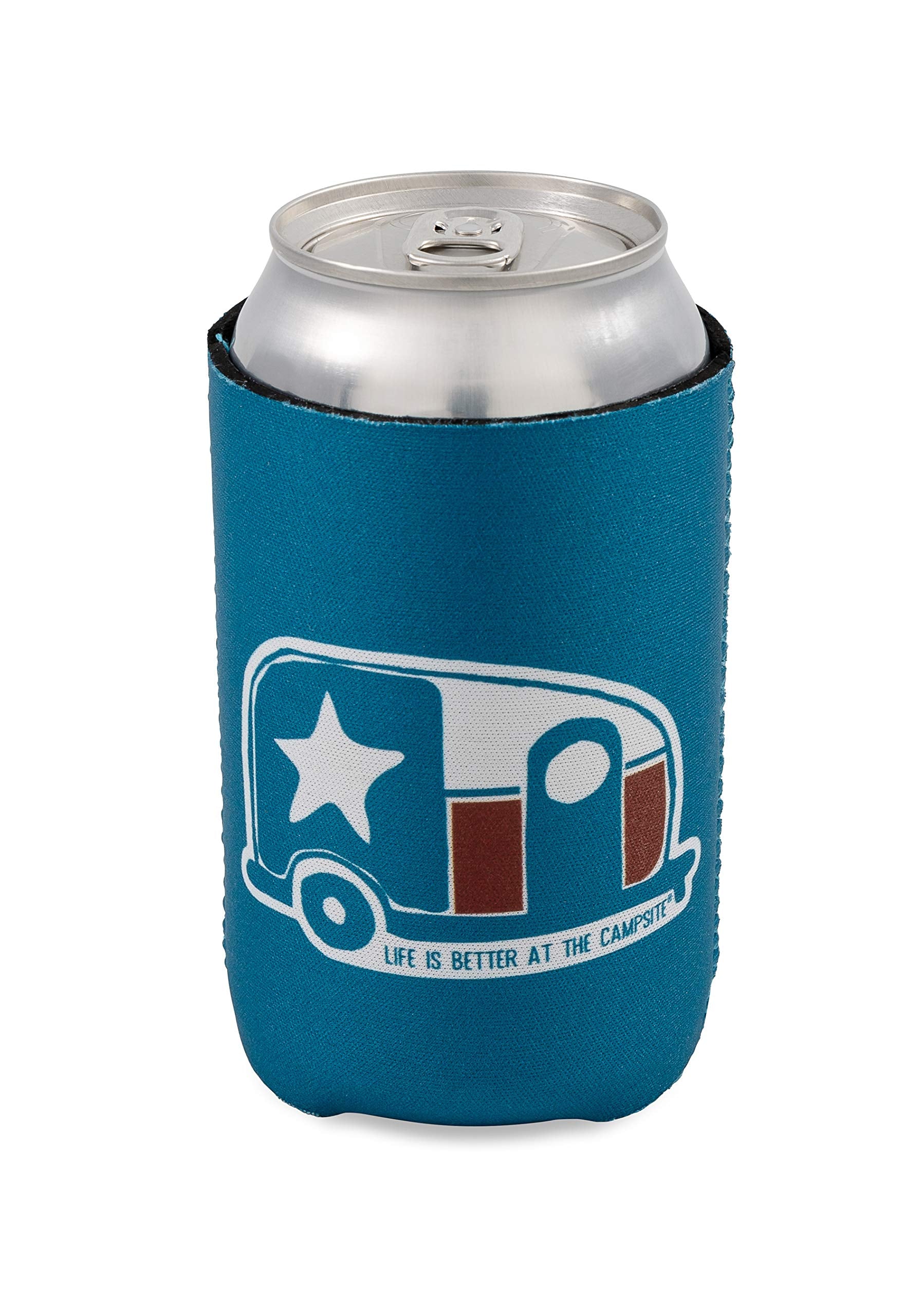 Camco Can Sleeve Life is Better at The Campsite - Keeps Your Beverage Cold - Fits 12 oz. cans - Features a Texas Flag Mini Camper Design (53372)