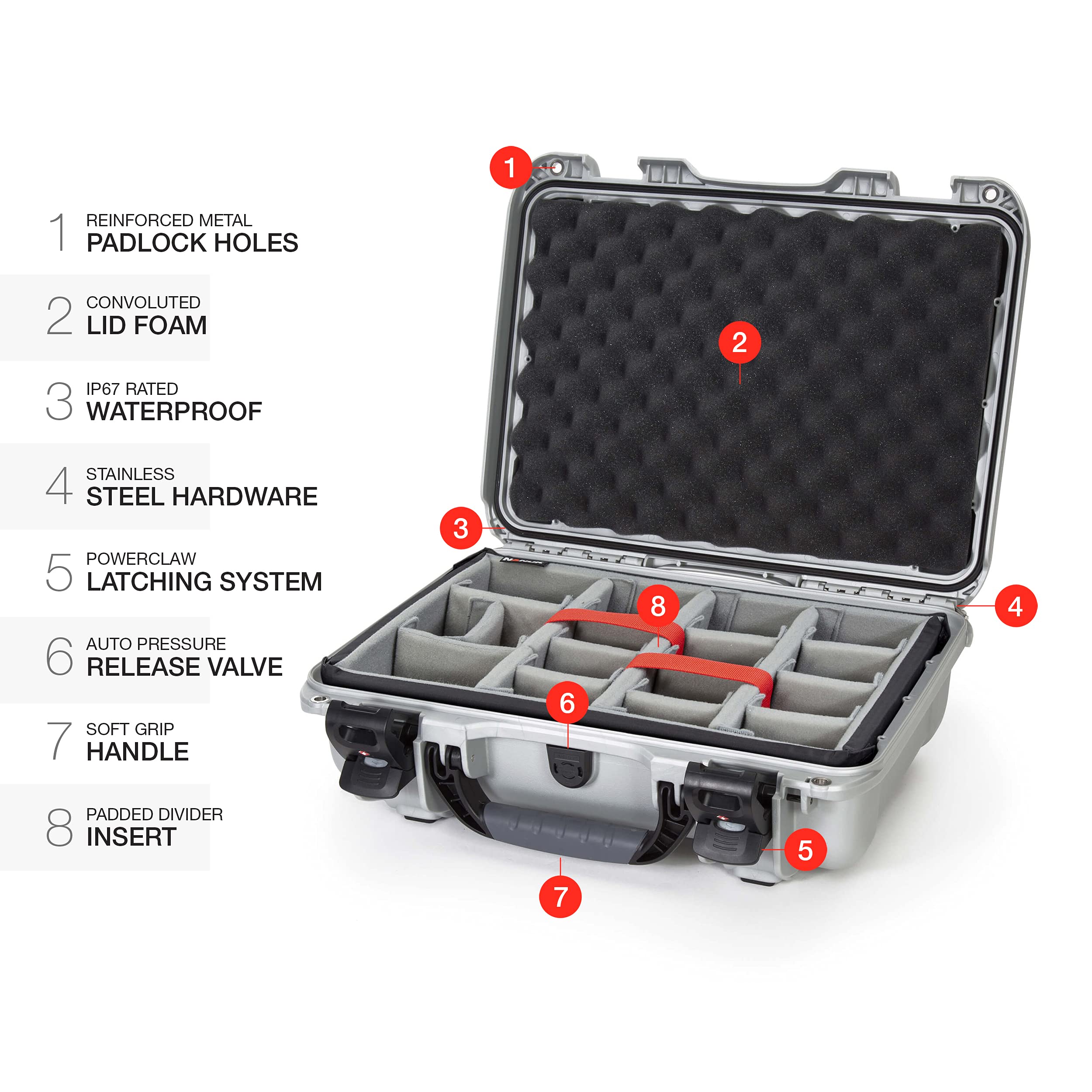 Waterproof Nanuk 923 Hard Case with Padded Dividers and Incorporated TSA Approved Travel Lock Latches - Silver (923-2005)