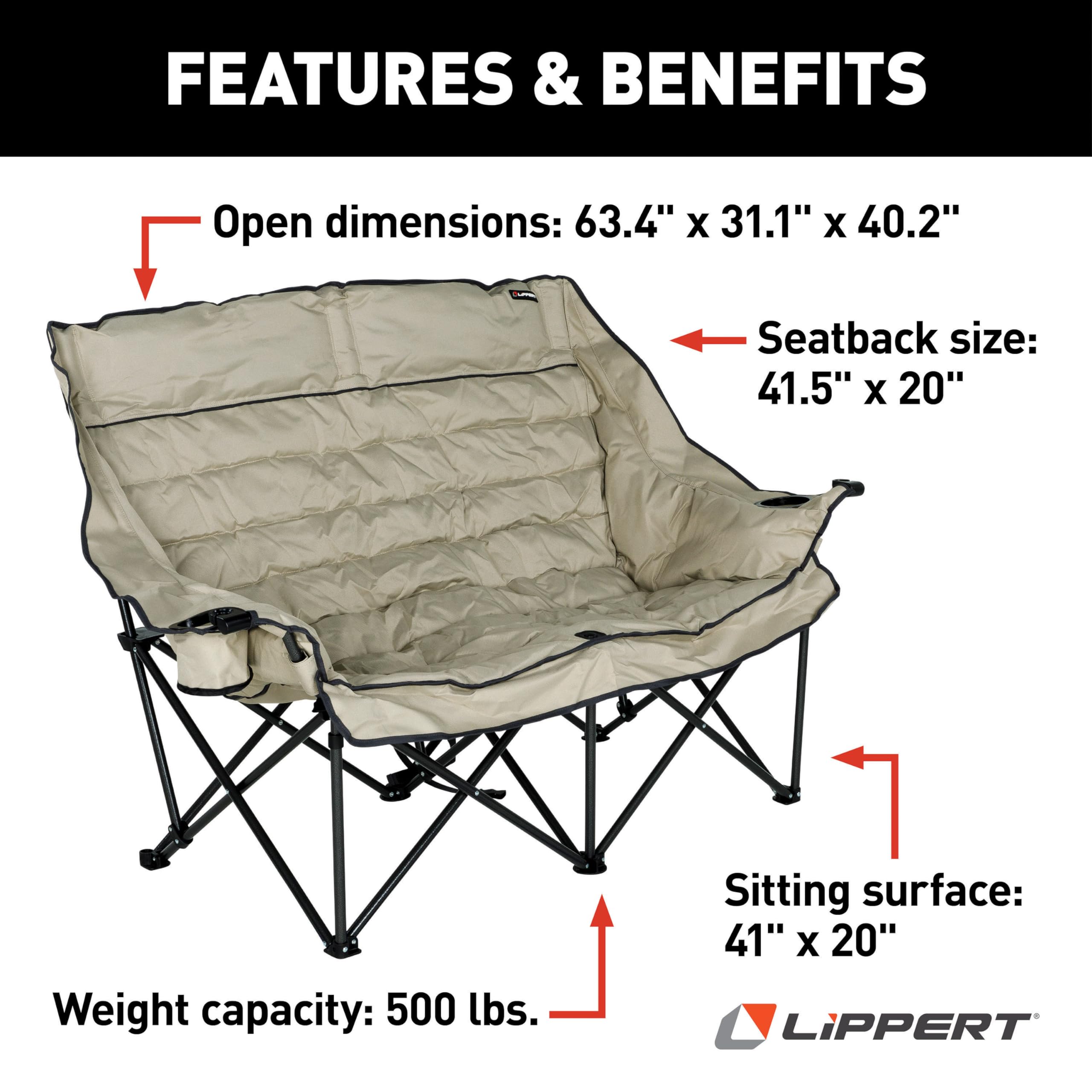 Lippert Big Bear Folding Camping Loveseat with 500-lb. Weight Capacity, Durable Mesh Fabrics, High-Loft Cushioning, Dual Cupholders, Storage Pocket, Zippered Carrying Bag - 2023053718