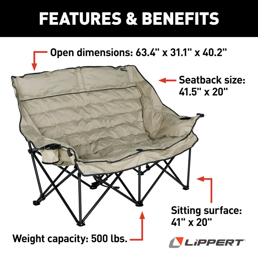 Lippert Big Bear Folding Camping Loveseat with 500-lb. Weight Capacity, Durable Mesh Fabrics, High-Loft Cushioning, Dual Cupholders, Storage Pocket, Zippered Carrying Bag - 2023053718