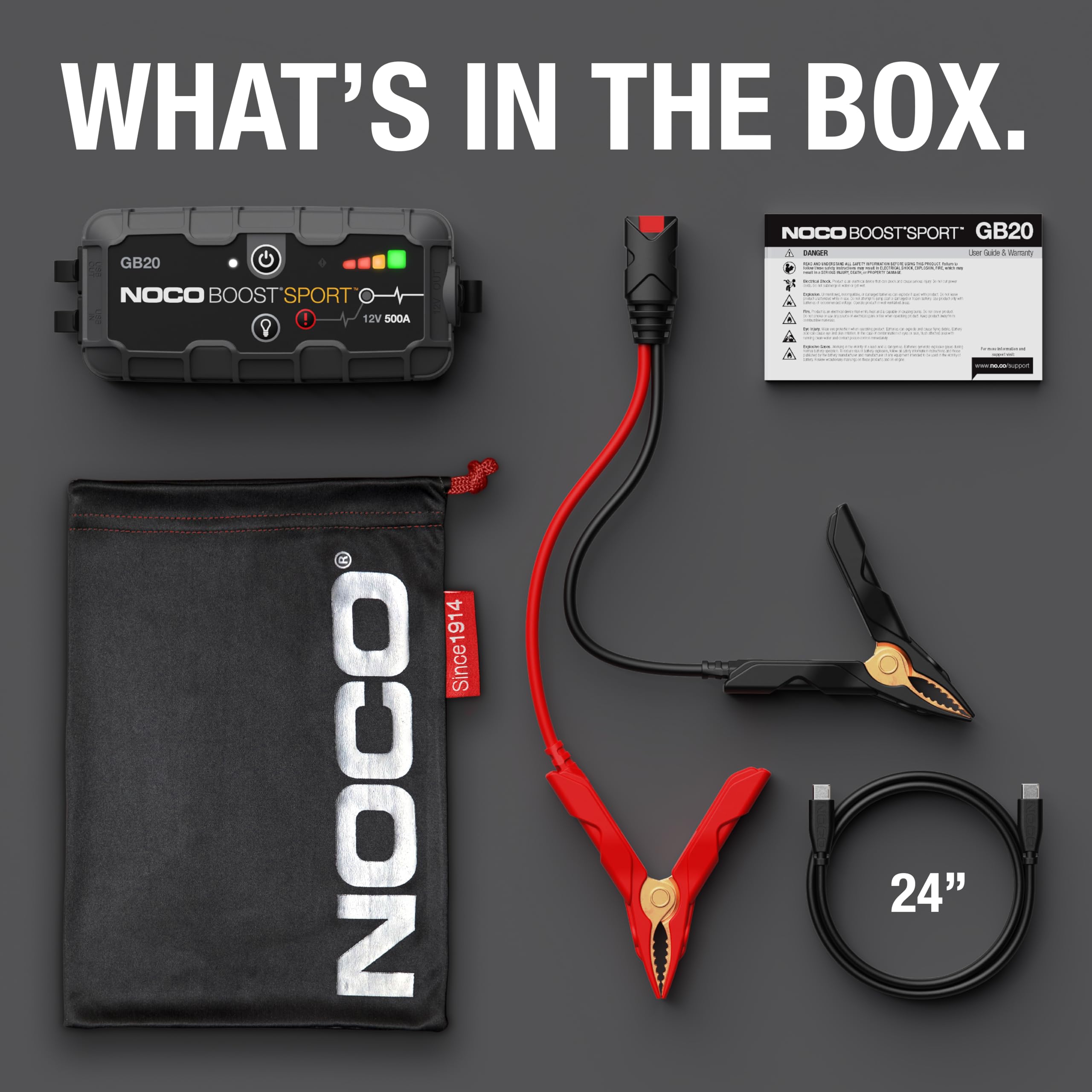 500A NOCO Boost GB20: UltraSafe Jump Starter – 12V Lithium Battery Booster Pack, Portable Jump Box, Power Bank & Jumper Cables - for 4.0L Gas Engines