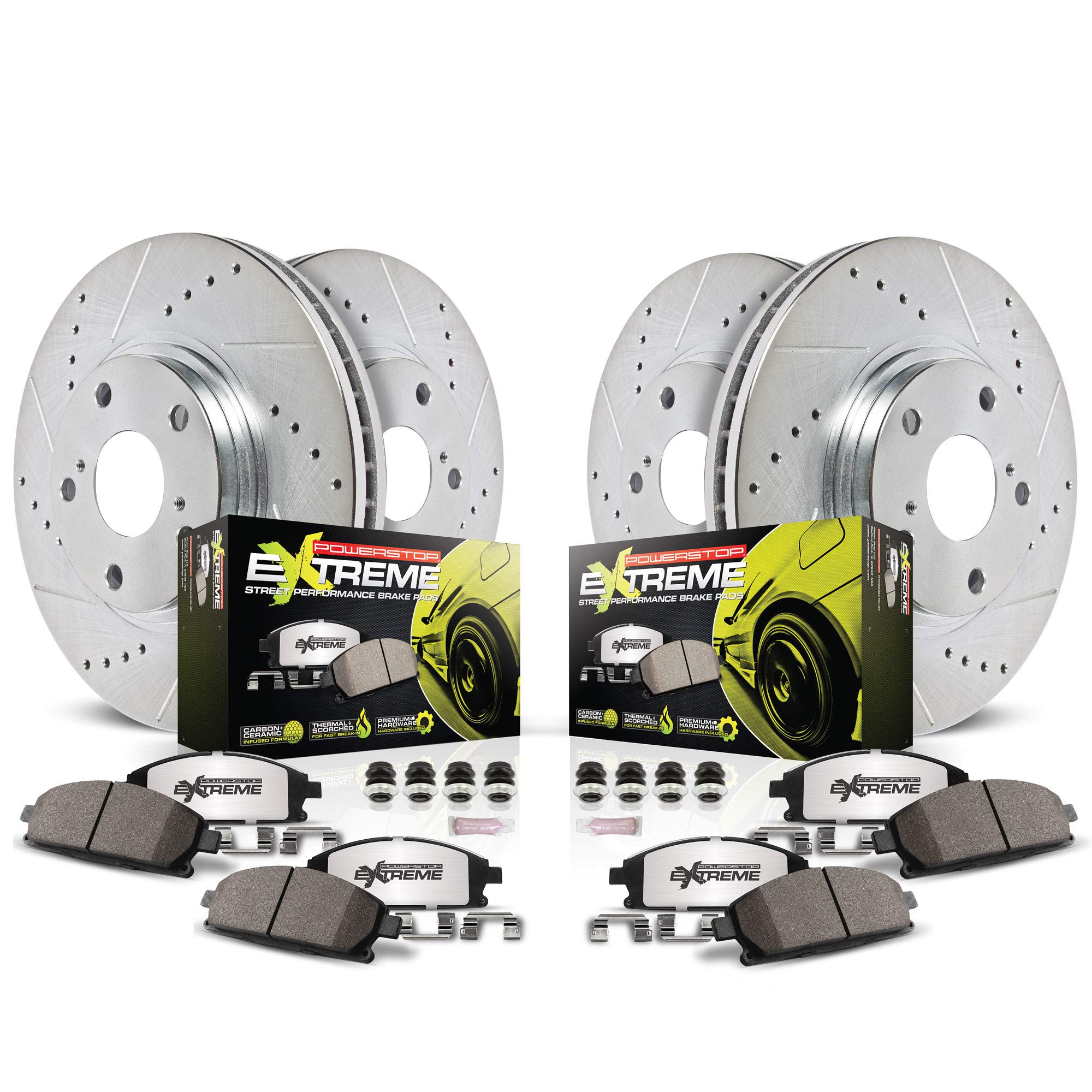 Power Stop Z26 K8365-26 Front and Rear Brake Kit-Drilled/Slotted Brake Rotors & Carbon Ceramic Pads and 1 Front Sensor Wire For Volkswagen Jetta 2019-2022 [Model Specific]