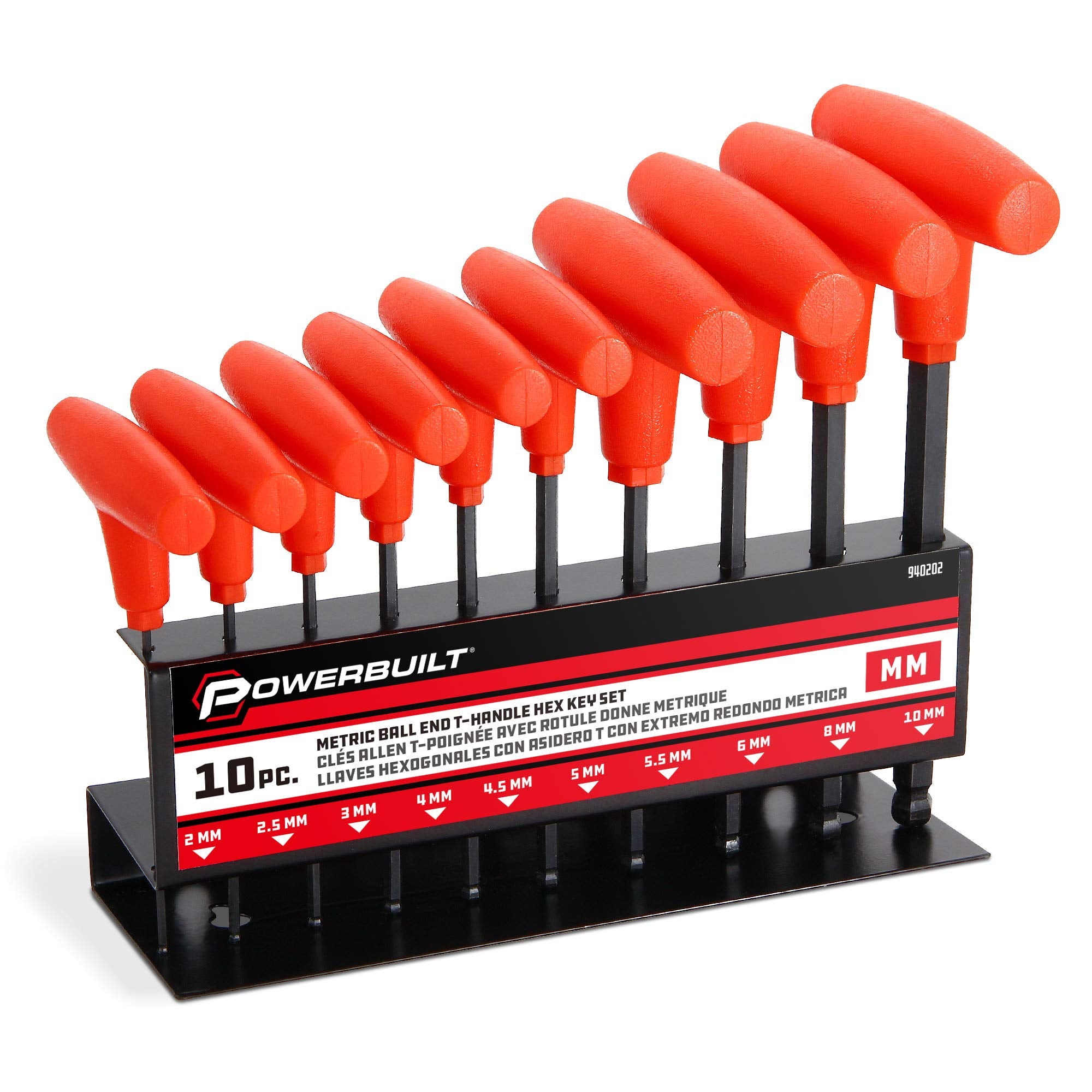 10 Pc. Powerbuilt Metric T-Handle Hex Key Set – 2mm to 10mm Ball-End Allen Wrenches, Chrome Vanadium Steel, Ergonomic Grip, with Metal Storage Rack - 940202