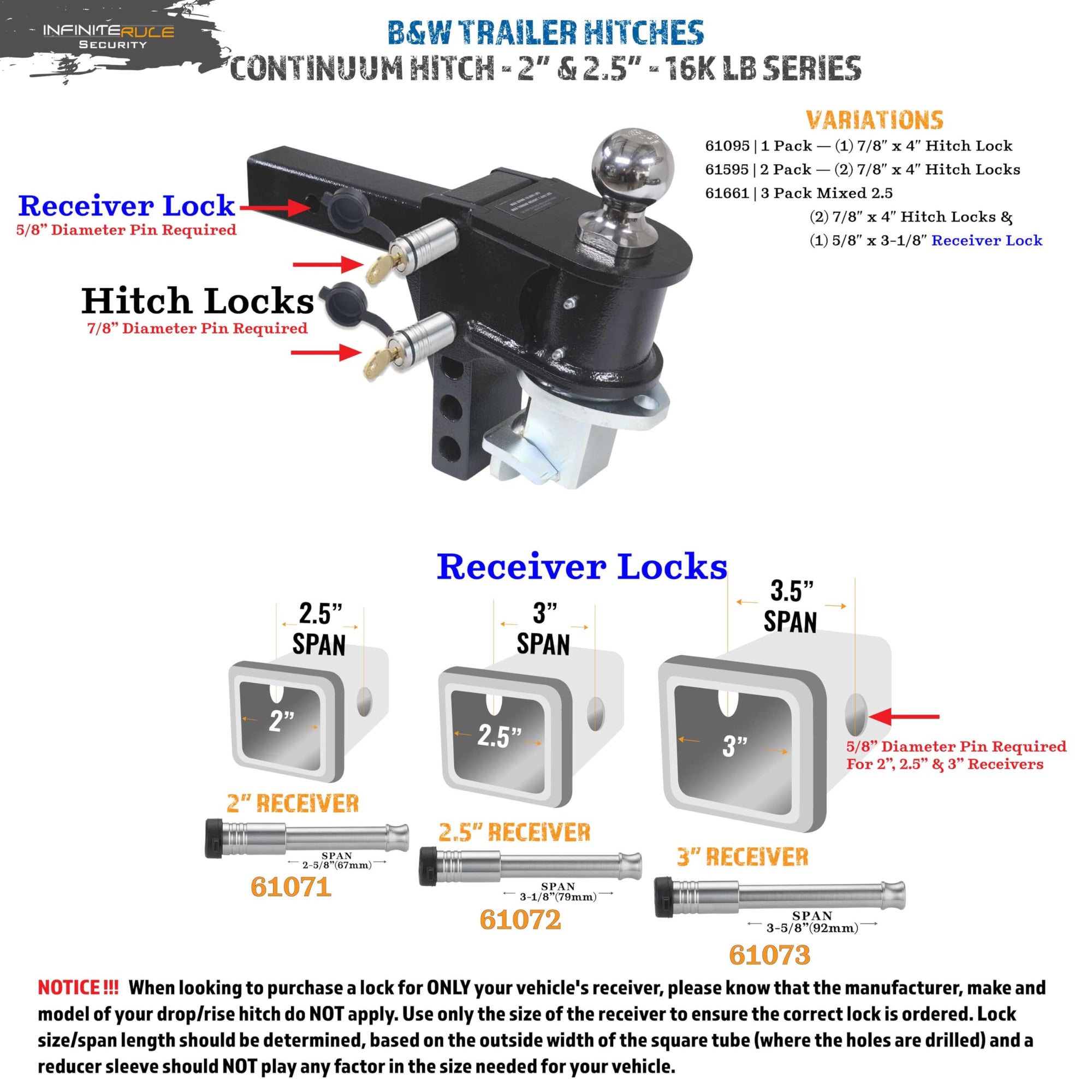 3 Pack Mixed, Keyed Alike, Hitch Locks for B&W 2.5" & 2" Continuum Hitch - Includes Lock for 2.5" Receiver