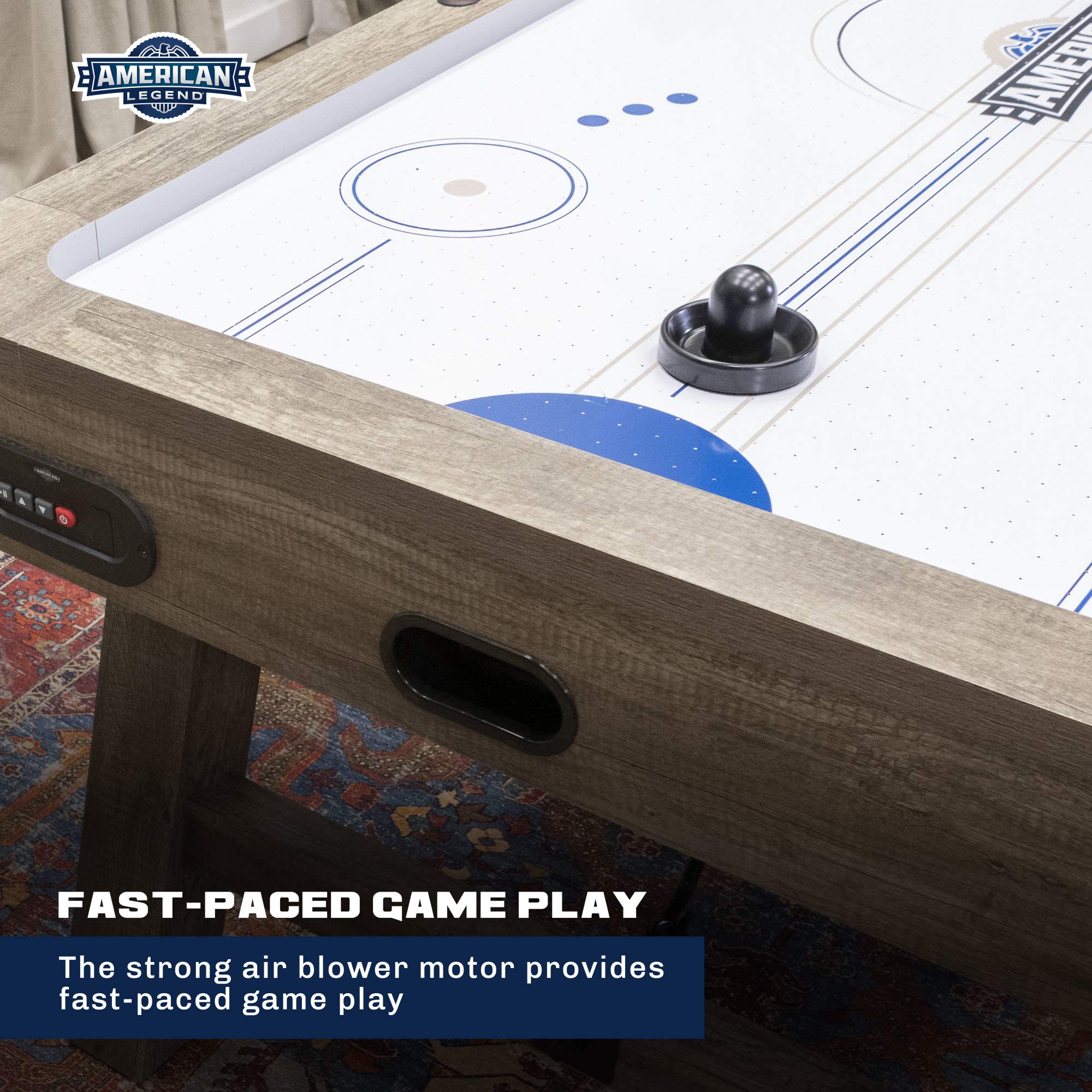 Brookdale American Legend Air-Powered Hockey Table with Rustic Wood Grain Finish, Angled Legs and Turnbuckle Accents Brown, 75.31"L x 38.98"W x 8.5"H