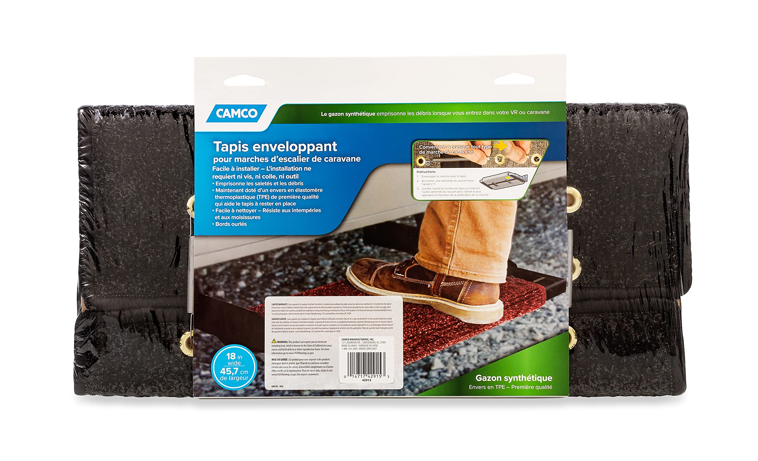 Black Camco Premium Wrap Around RV Step Rug (Turf Material (17.5" x 18"))