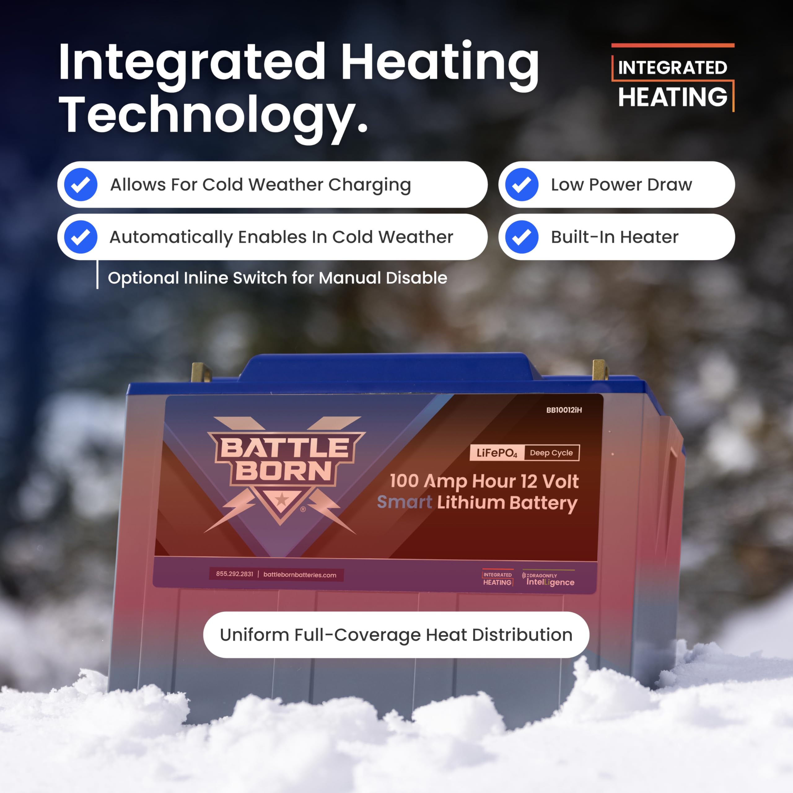 12V Smart Heated 100Ah Lithium-Ion (LiFePO4) RV, Marine, Solar, & Off-Grid Battery - Battle Born Batteries