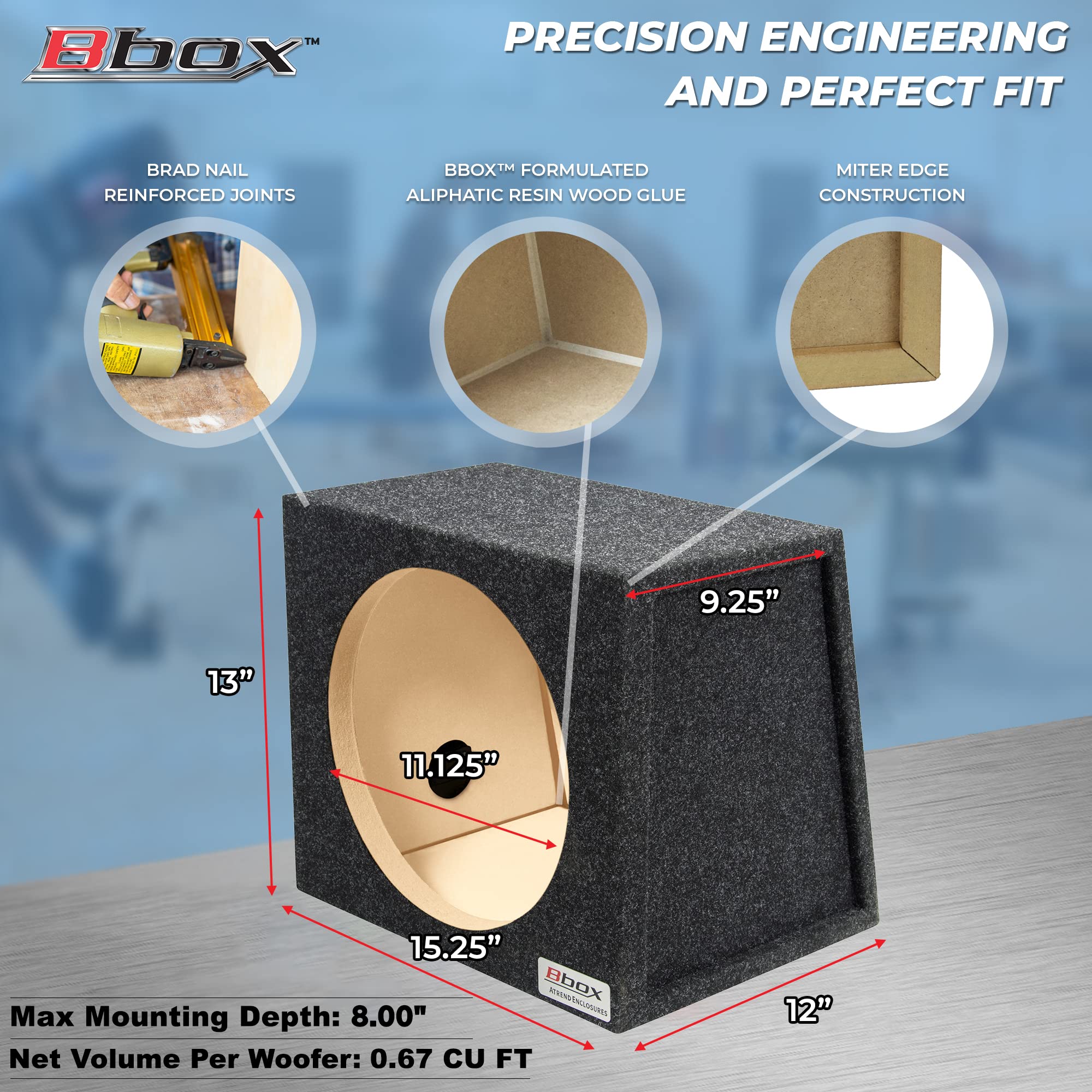 Atrend Bbox 12 Inch Single Sealed Subwoofer Enclosure - Car Subwoofer Boxes & Enclosures - Premium Subwoofer Box Sound & Bass Improves Audio Quality - Red & Black Spring Terminals - Charcoal