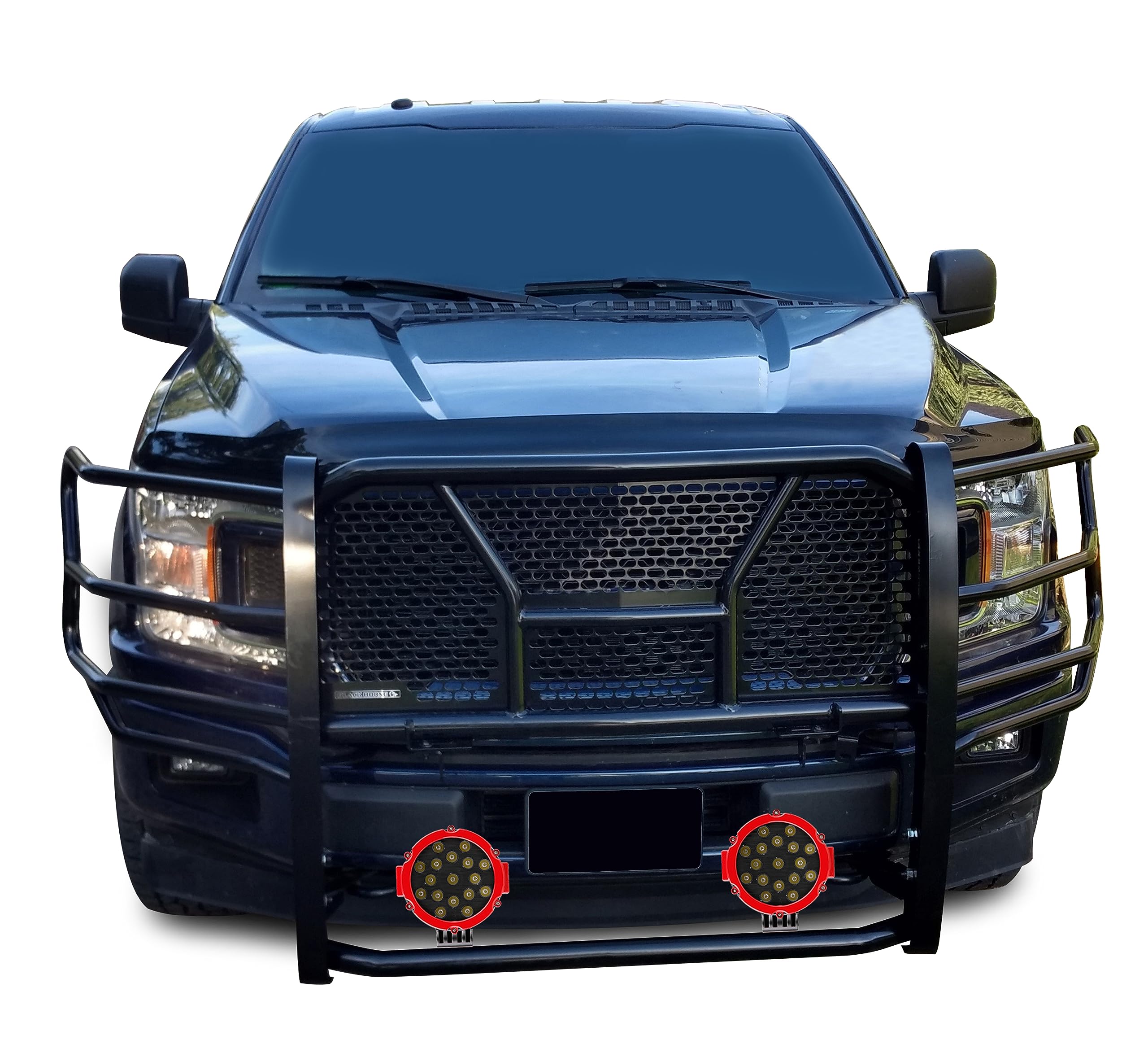 Heavy Duty Black Horse Rugged Grille Brush Bumper Guard Modular Black Come with Pair of 7.0" Dia.LED Lights with Red Trim Rings Compatible with 2015-2020 Ford F-150-RU-FOF115-B-PLR