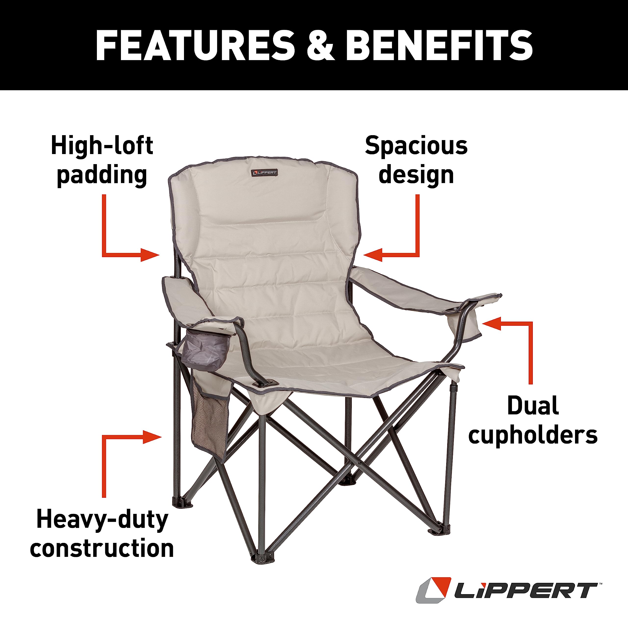 Lippert Deluxe Campfire Folding Chair - Sand, High-Loft, Foldable Cushion Chair, Dual Cup Holders, Power Coated Steel Frame, Durable 600D Outdoor Polyester Fabric, 500 lb. Capacity, 2022114819