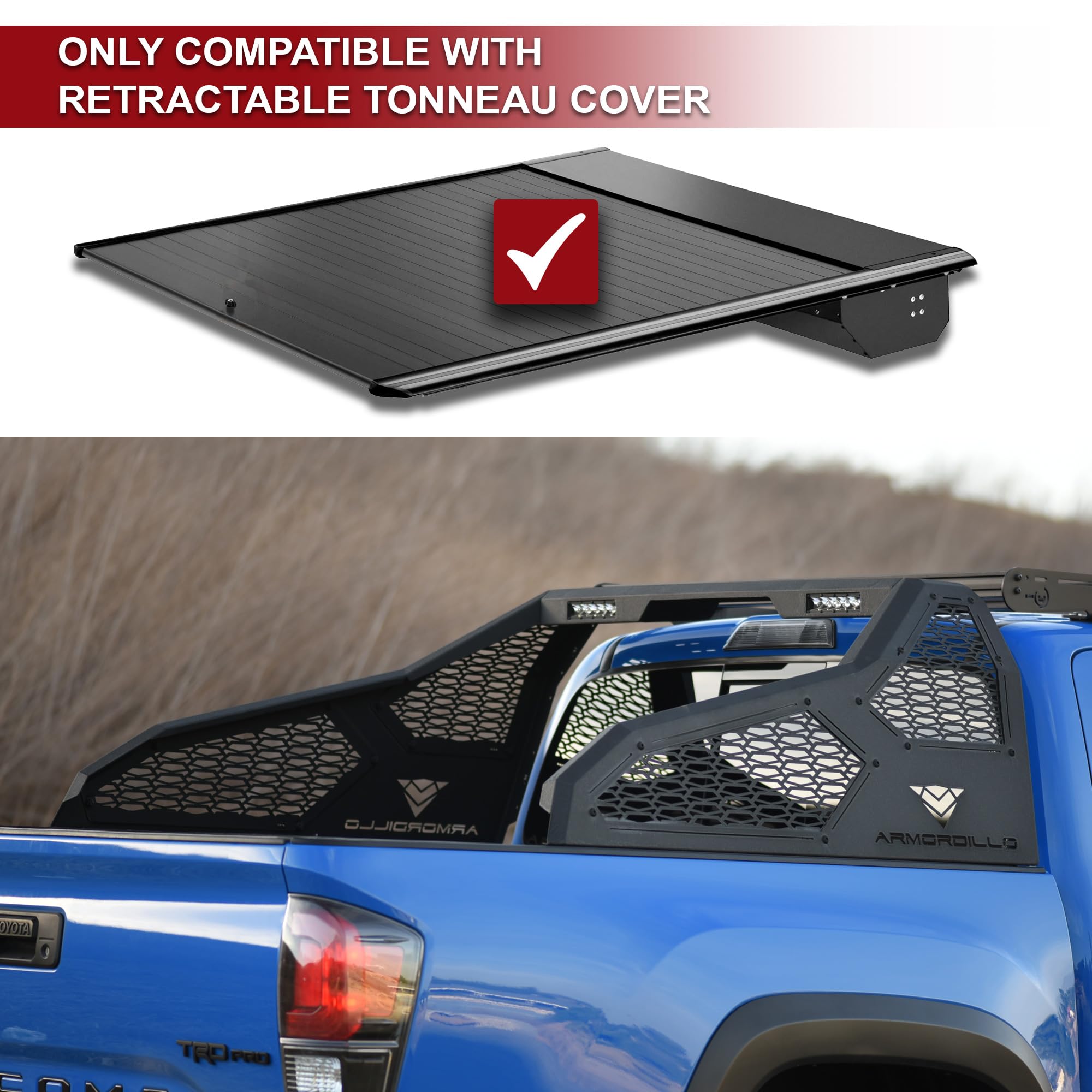 Armordillo CRS Chase Rack Roll Bar For 1/2 Ton Full Size Trucks|2x LED Light Lamps|04-24 F150 F-150|07-18 Silverado Sierra 1500|07-24 Tundra|04-24 Titan|19-24 Ram 1500|CR-S Mesh 8707814 Textured Black
