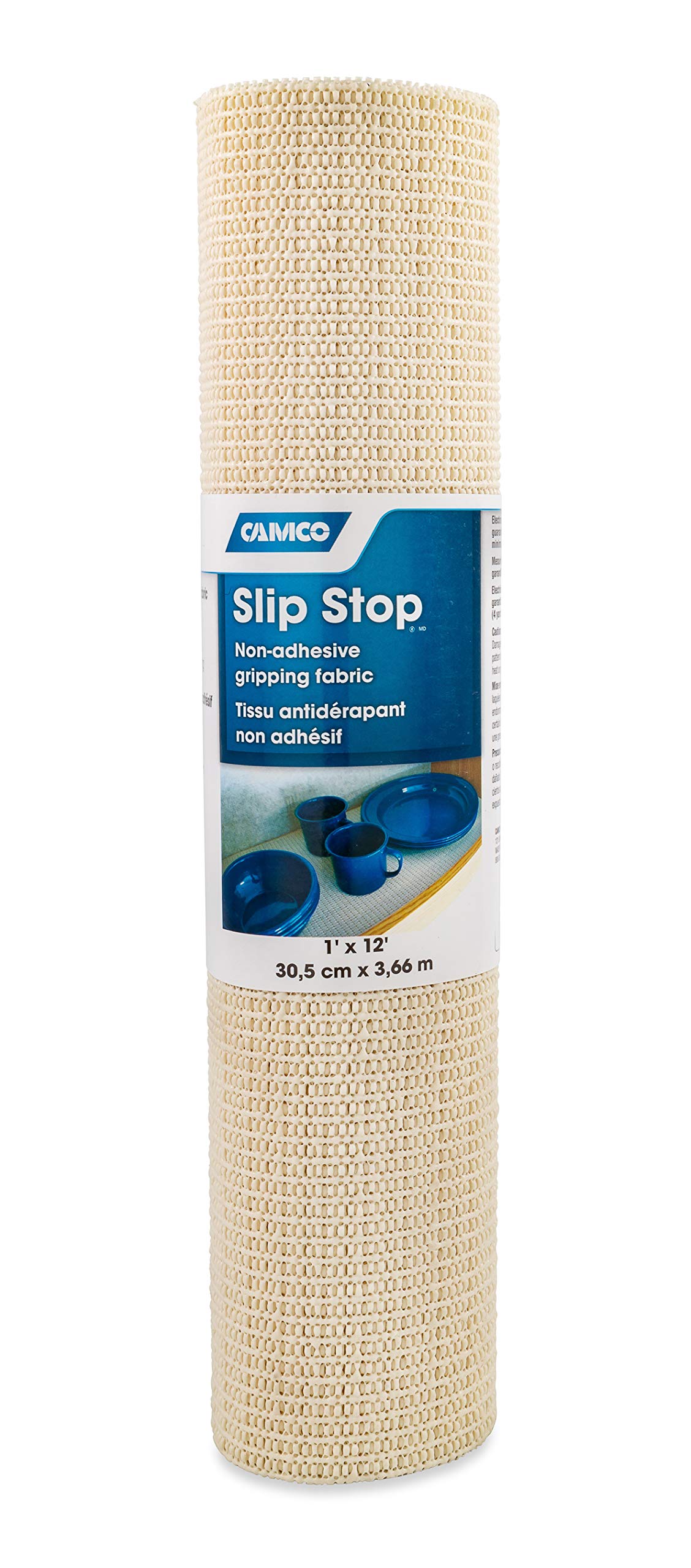 Camco Slip Stop Liner - Sliding and Prevents Slipping in RVs & Camper Kitchen Shelves and Drawers | Great for Toolboxes, Rugs, & More | Durable, Washable Material | 1' x 12' Roll - Cream (43277)