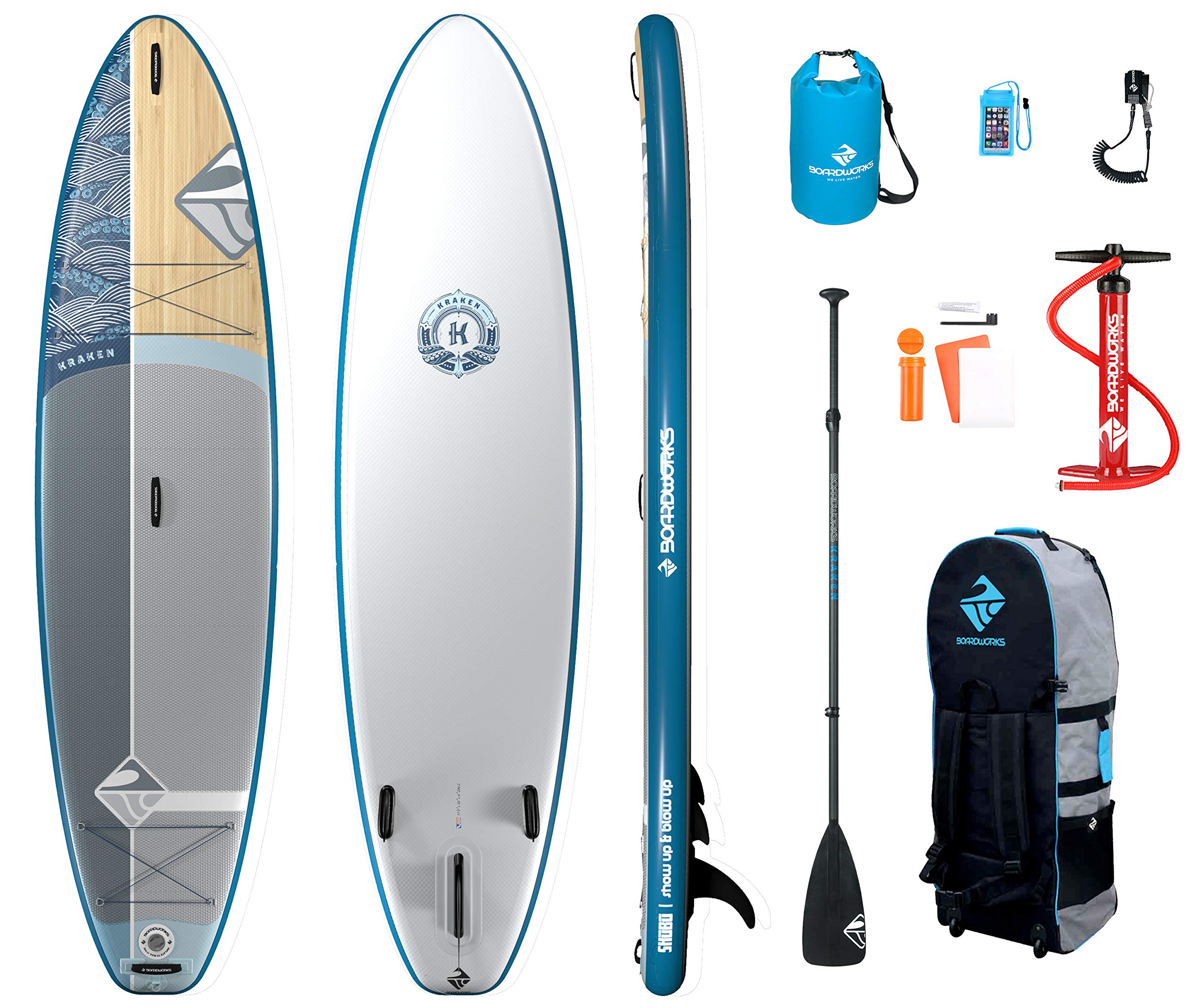 Boardworks All-Water Kraken Inflatable Stand-Up Paddleboard with Pump, Paddle and Roller Bag (SUP) Complete Kit – 11’, White/Blue/Orange