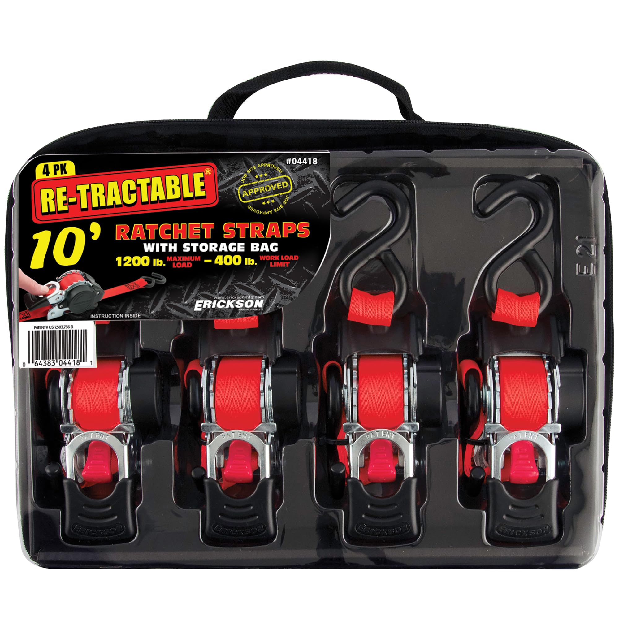 1" x 10' Retractable Ratcheting Tie-Down Strap Erickson 04418 Pro Series, (Storage Bag of 4, 1200 lb Load Capacity)