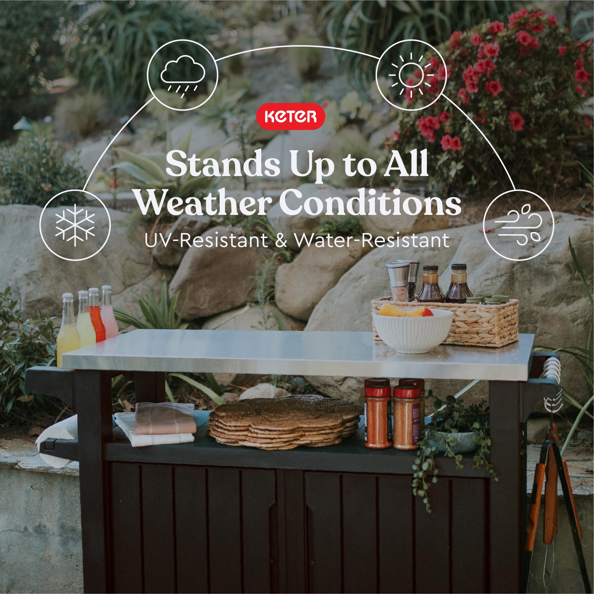 Keter Outdoor Rolling Table Cart for Food Prep, Storage, Dark Brown Bar & Grill - Portable Kitchen Island Tabletop with Wheels for Drinks, Snacks, and Cooking