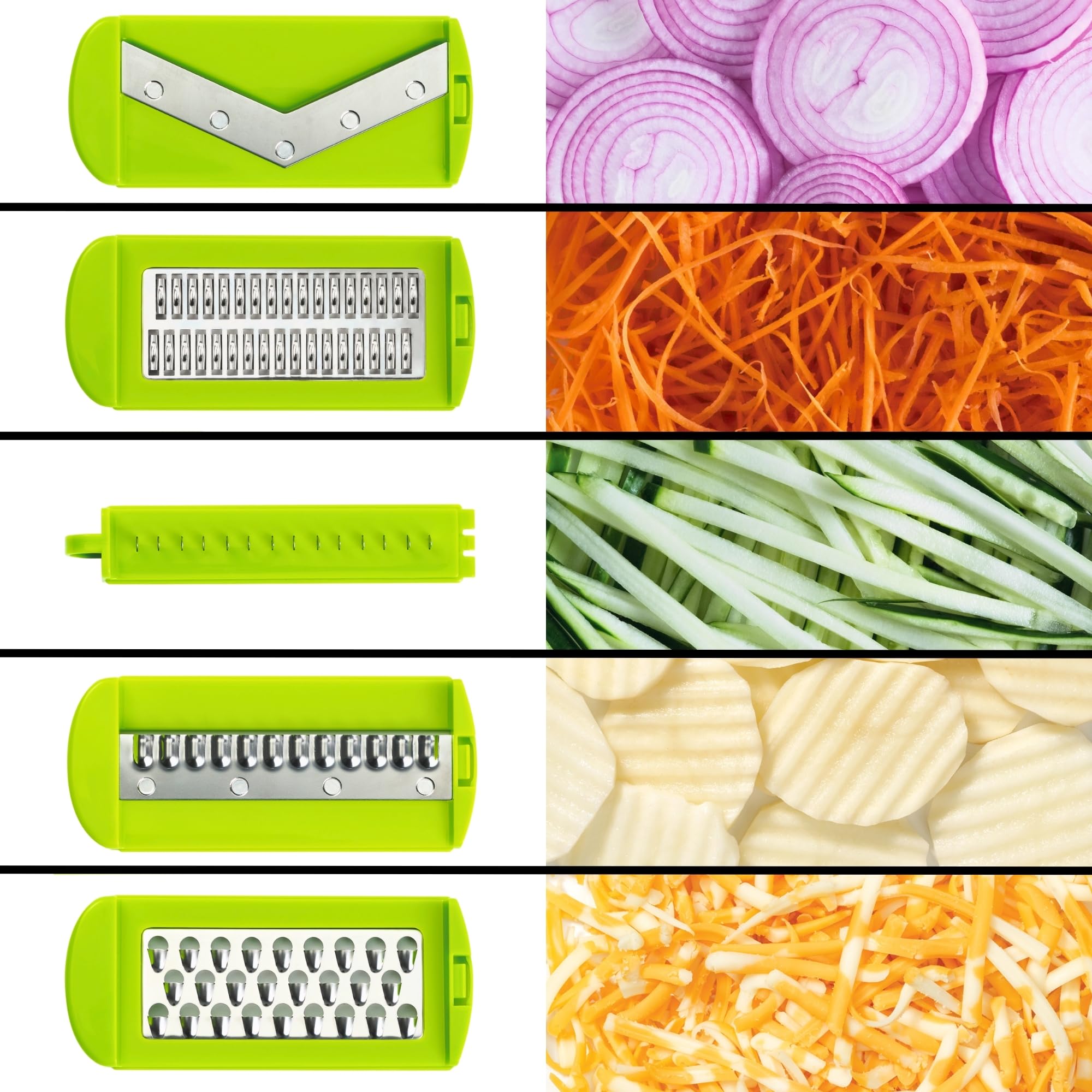 Easy Starfrit Mandoline Slicer, Dicer - 5-Blades and Graters - Straight & Crinkle Blades, Julienne, Grater & Shredder - Self-Feeding Pusher - Catch Base for Storage and Food Container