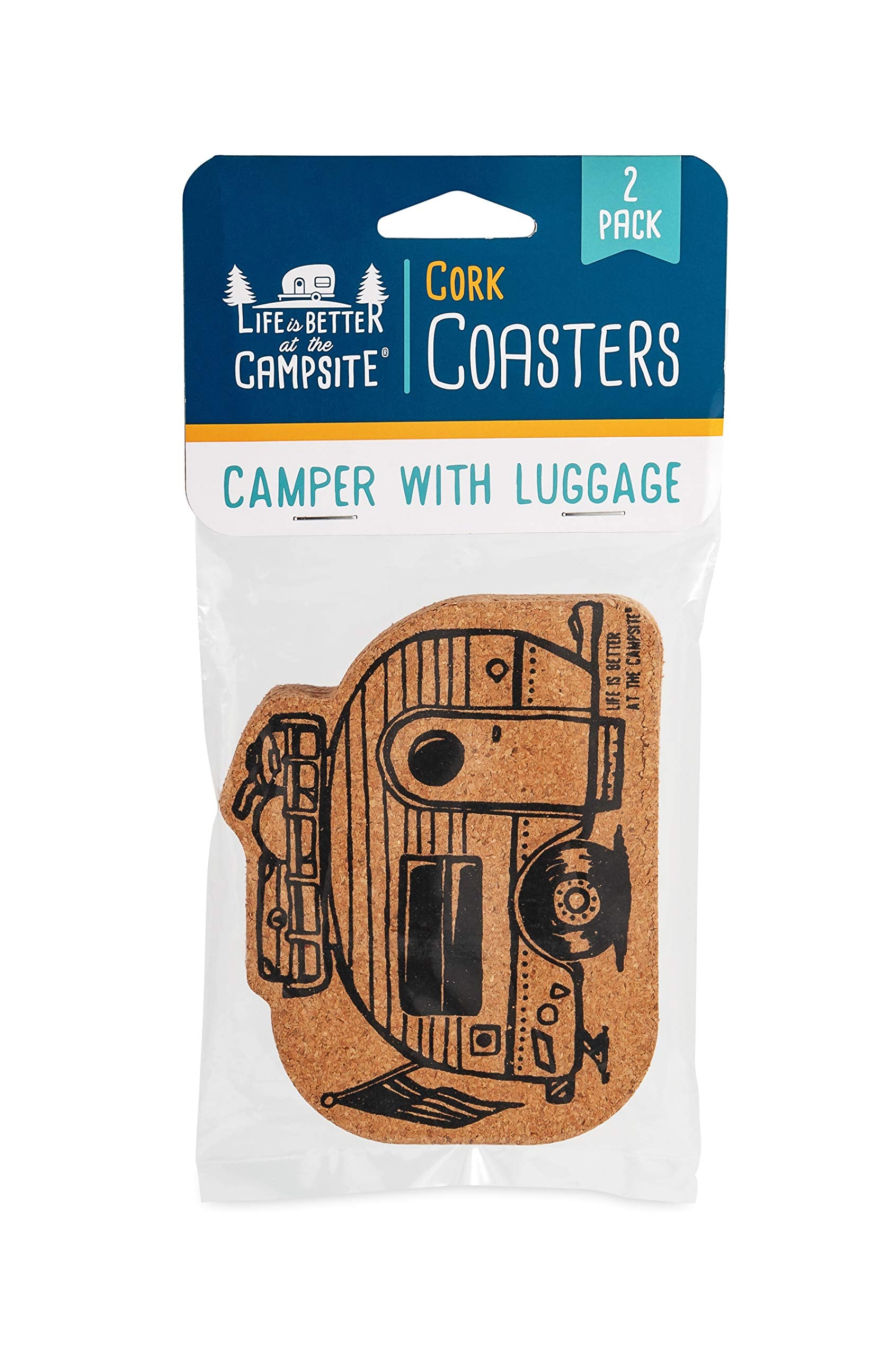 Camco Coasters Life is Better at The Campsite - Features Unique RV Themed Design & Crafted of Cork - Prevents Water Rings & Water Marks on Furniture - 2-Pack (53384)