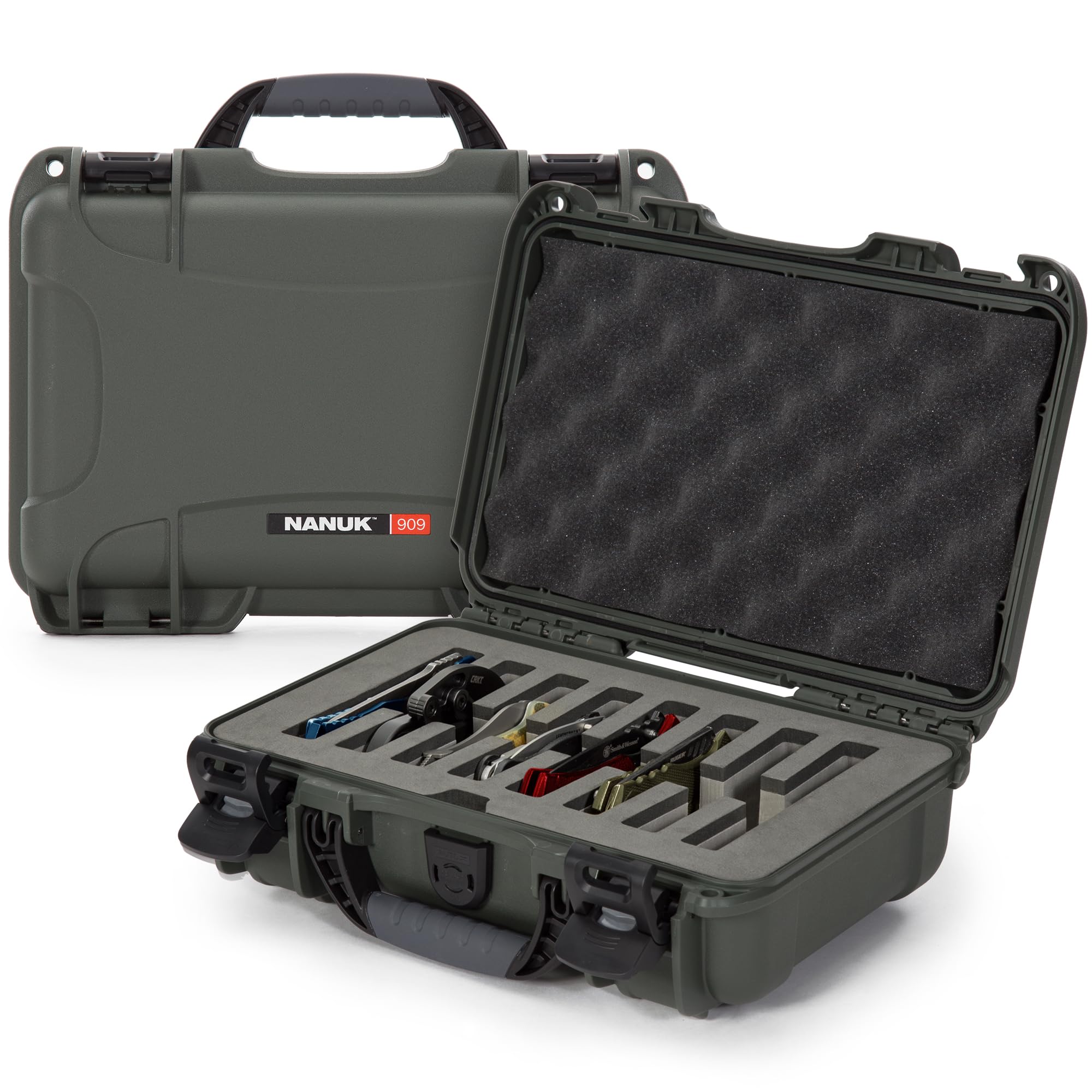 Travel Knife Case NANUK 909 – Waterproof Pocket Knife Storage with 8 Slots, 12.6” x 9” x 4.4” - Lightweight, Lockable, Dustproof, Impact-Resistant & Durable - Olive