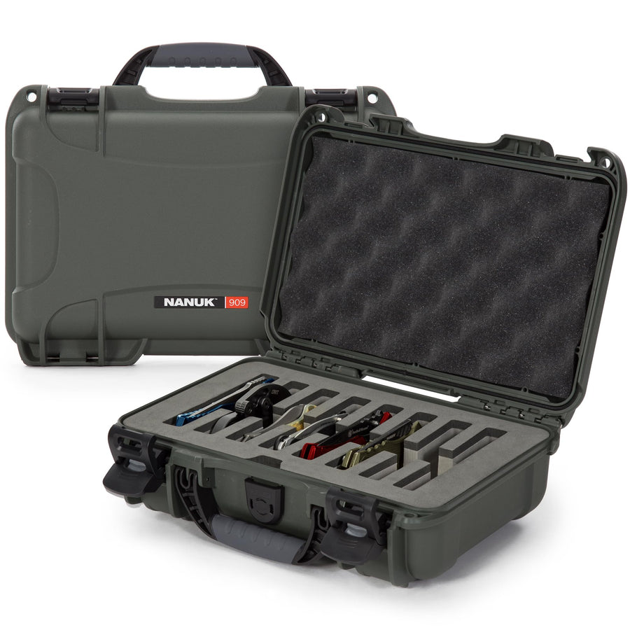 Travel Knife Case NANUK 909 – Waterproof Pocket Knife Storage with 8 Slots, 12.6” x 9” x 4.4” - Lightweight, Lockable, Dustproof, Impact-Resistant & Durable - Olive